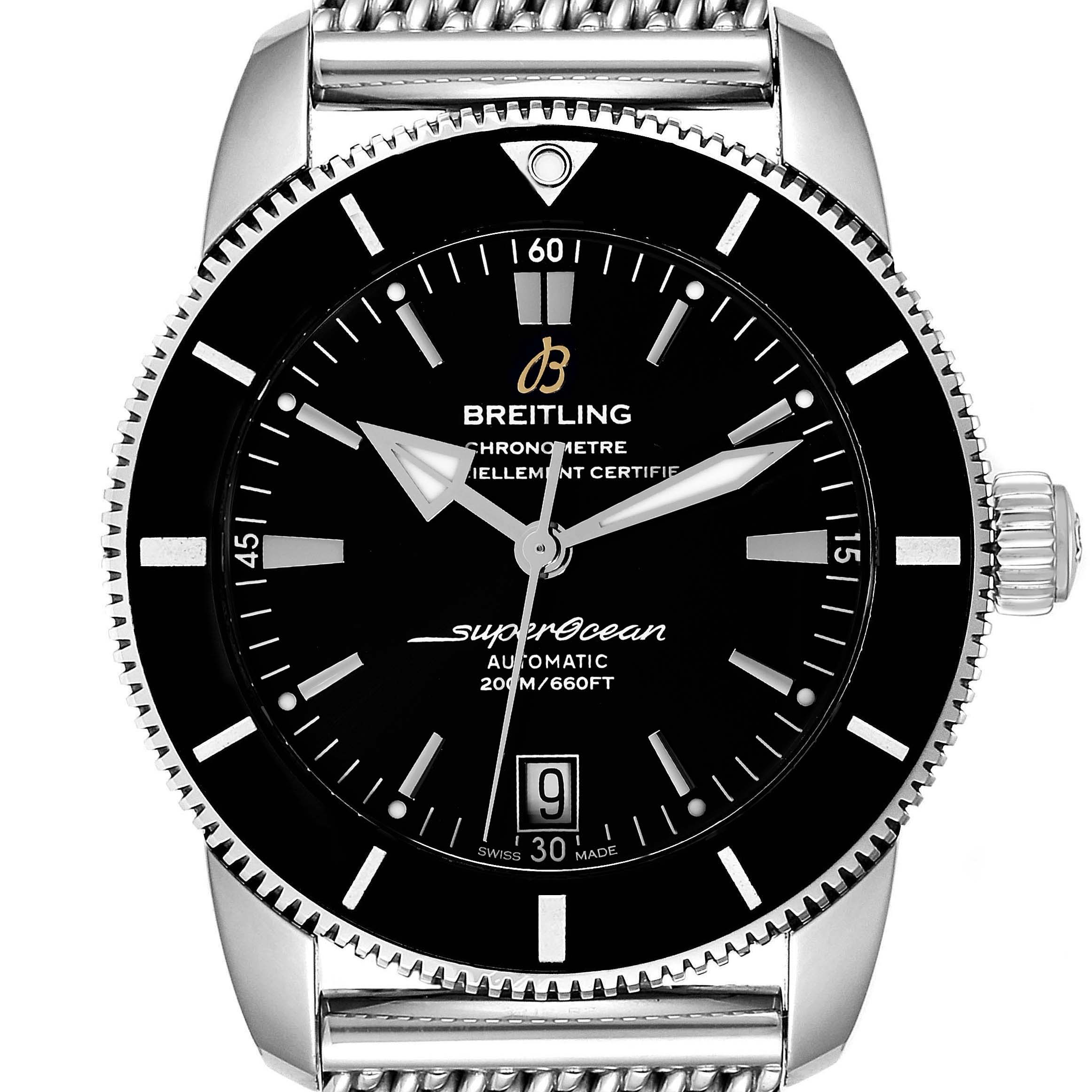 The image shows a front view of the Breitling Superocean AB2010161C1A1 Men
s Stainless Steel Black Dial AB2010161C1A1 Men
s Stainless Steel Black Dial watch, detailing its dial, bezel, and part of its metal bracelet.