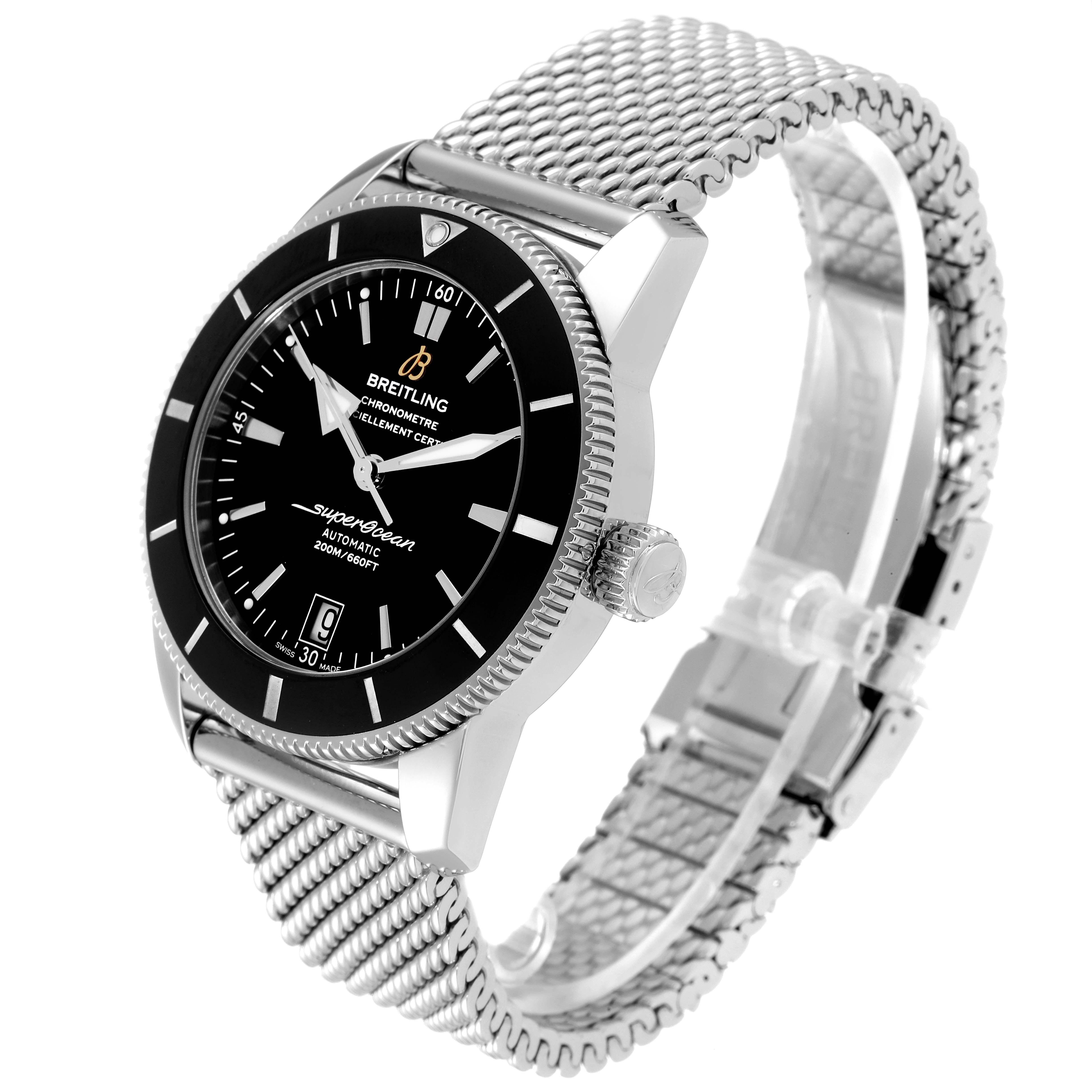 This image shows a Breitling Superocean AB2010161C1A1 Men
s Stainless Steel Black Dial AB2010161C1A1 Men
s Stainless Steel Black Dial watch at a three-quarter view, highlighting the face, bezel, crown, and mesh bracelet.