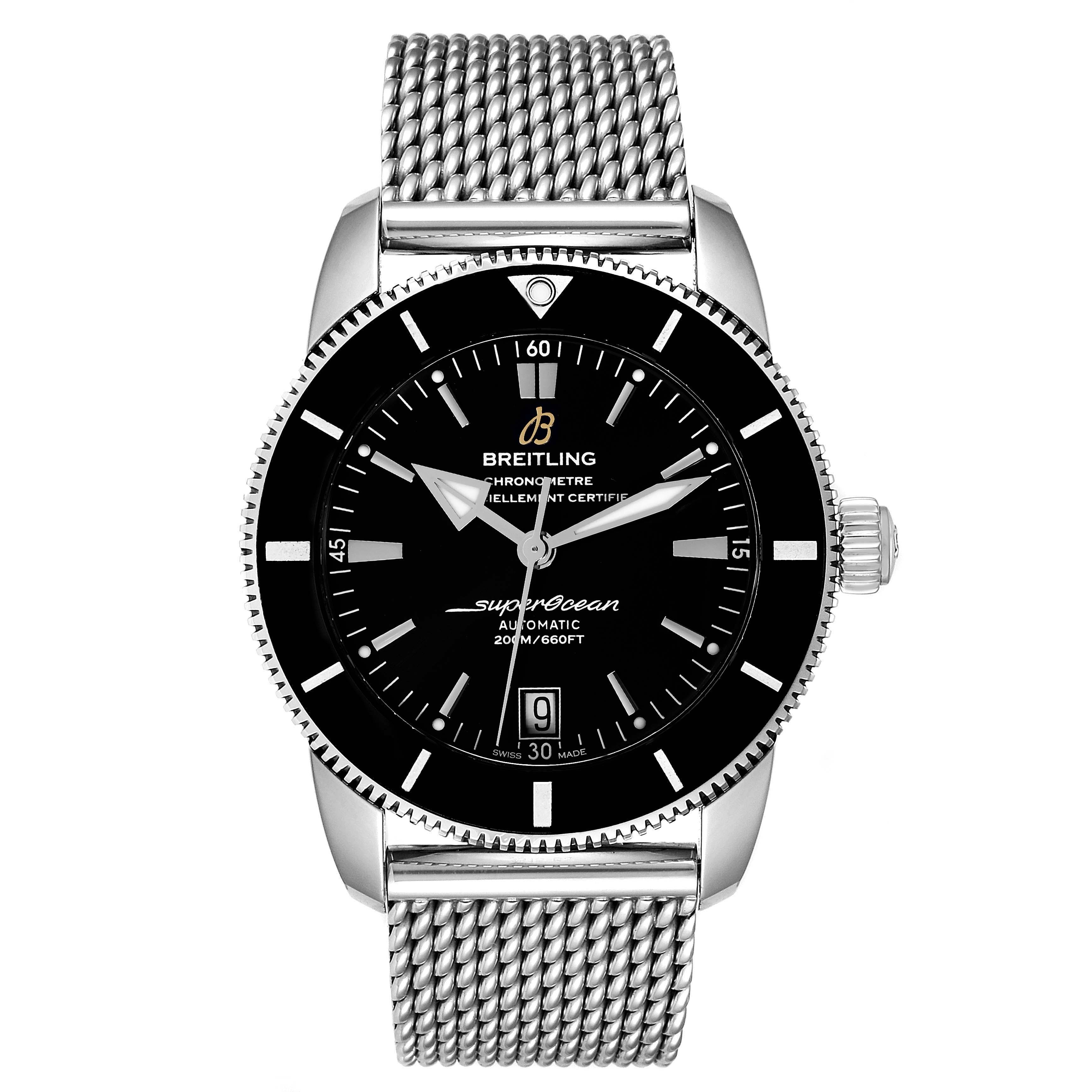 This image shows a front view of the Breitling Superocean AB2010161C1A1 Men
s Stainless Steel Black Dial AB2010161C1A1 Men
s Stainless Steel Black Dial watch with its face, bezel, and mesh strap visible.