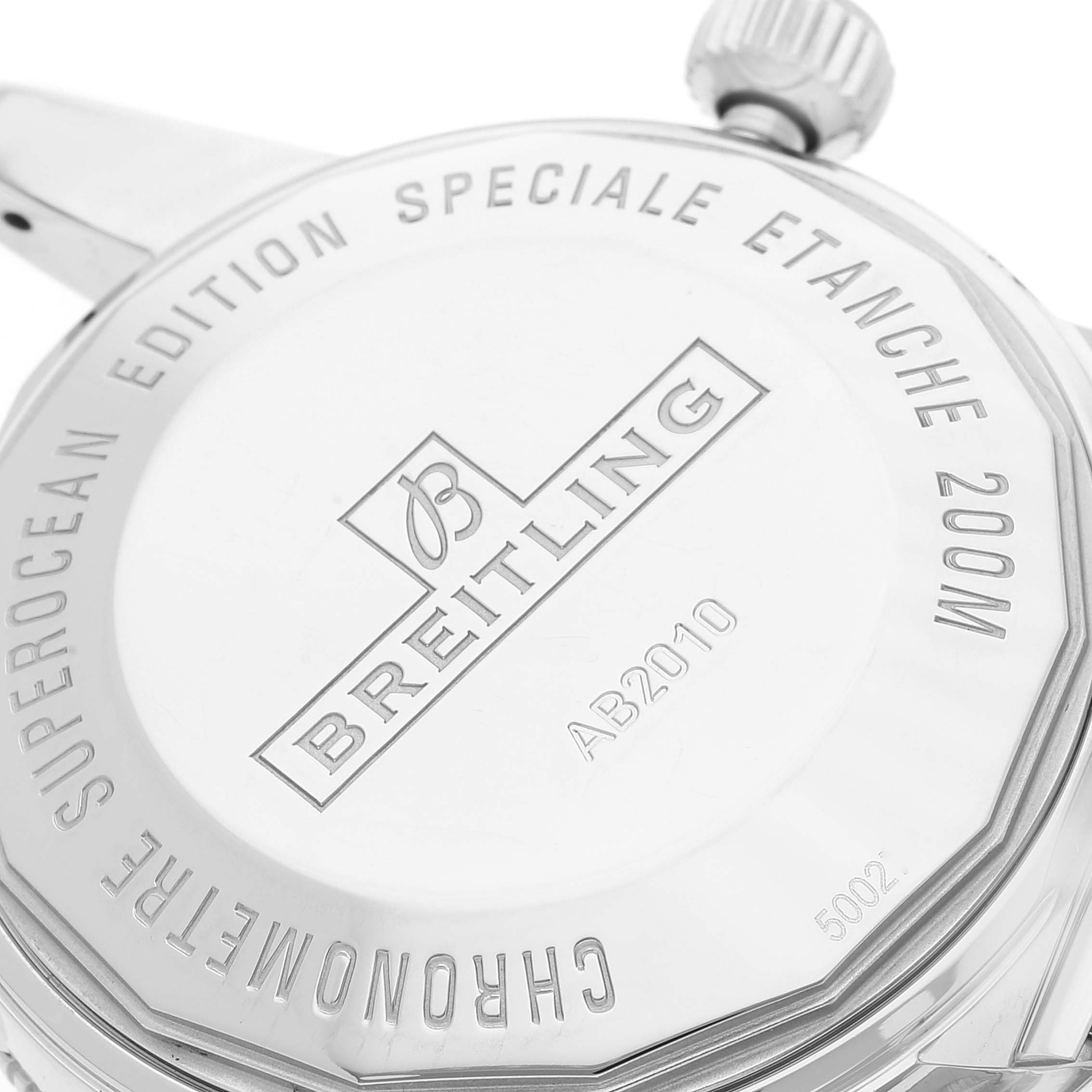 This image shows the back case of a Breitling Superocean AB2010161C1A1 Men
s Stainless Steel Black Dial AB2010161C1A1 Men
s Stainless Steel Black Dial watch, highlighting the brand logo and model specifications.