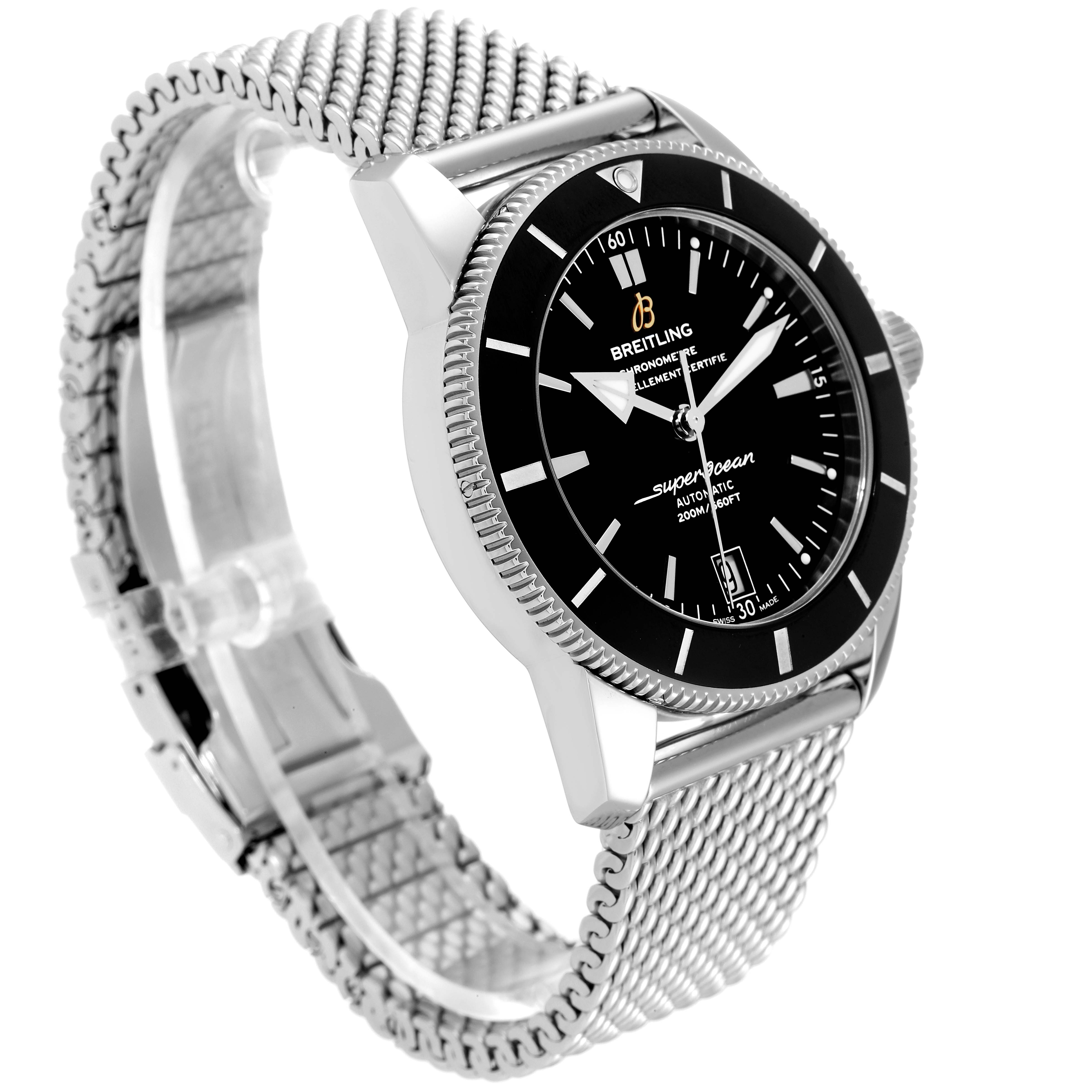 The image shows a side and front angle of the Breitling Superocean AB2010161C1A1 Men
s Stainless Steel Black Dial AB2010161C1A1 Men
s Stainless Steel Black Dial watch, highlighting its face, bezel, and stainless steel mesh band.