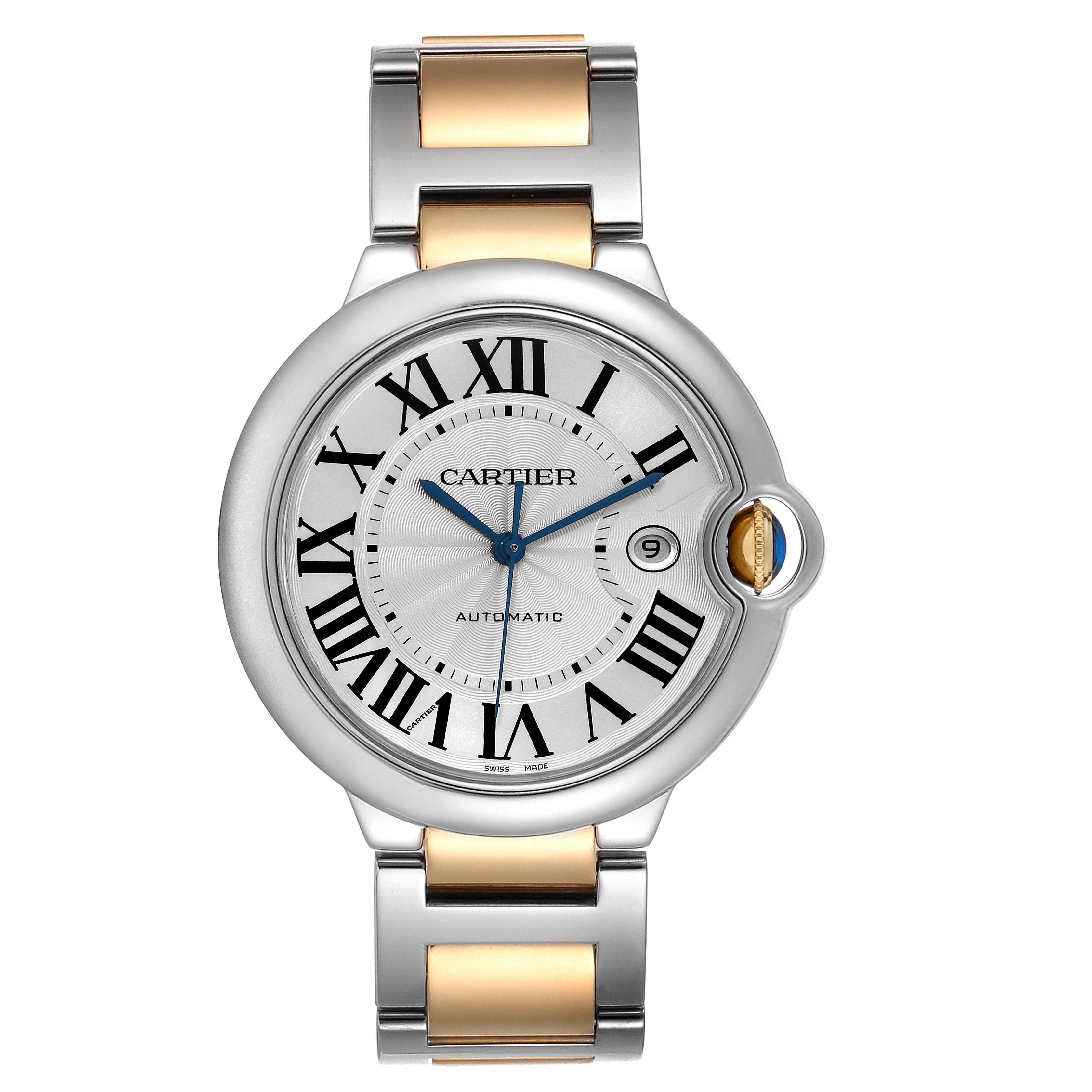 This image shows the dial and bracelet of the Cartier Ballon Bleu W6900923 Men
s Steel and Gold (two tone) Silver Dial W6900923 Men
s Steel and Gold (two tone) Silver Dial watch from a top-down angle.