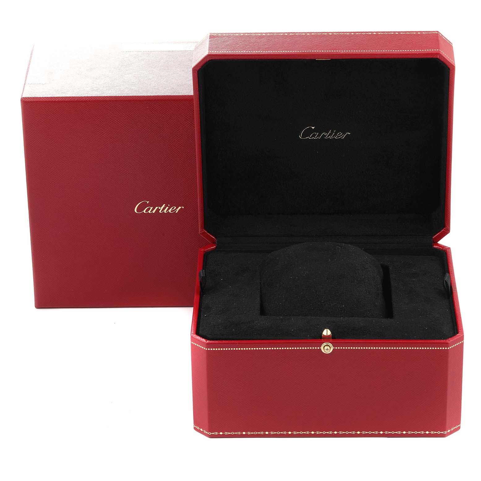 The image shows an open red Cartier watch box for the Ballon Bleu model.