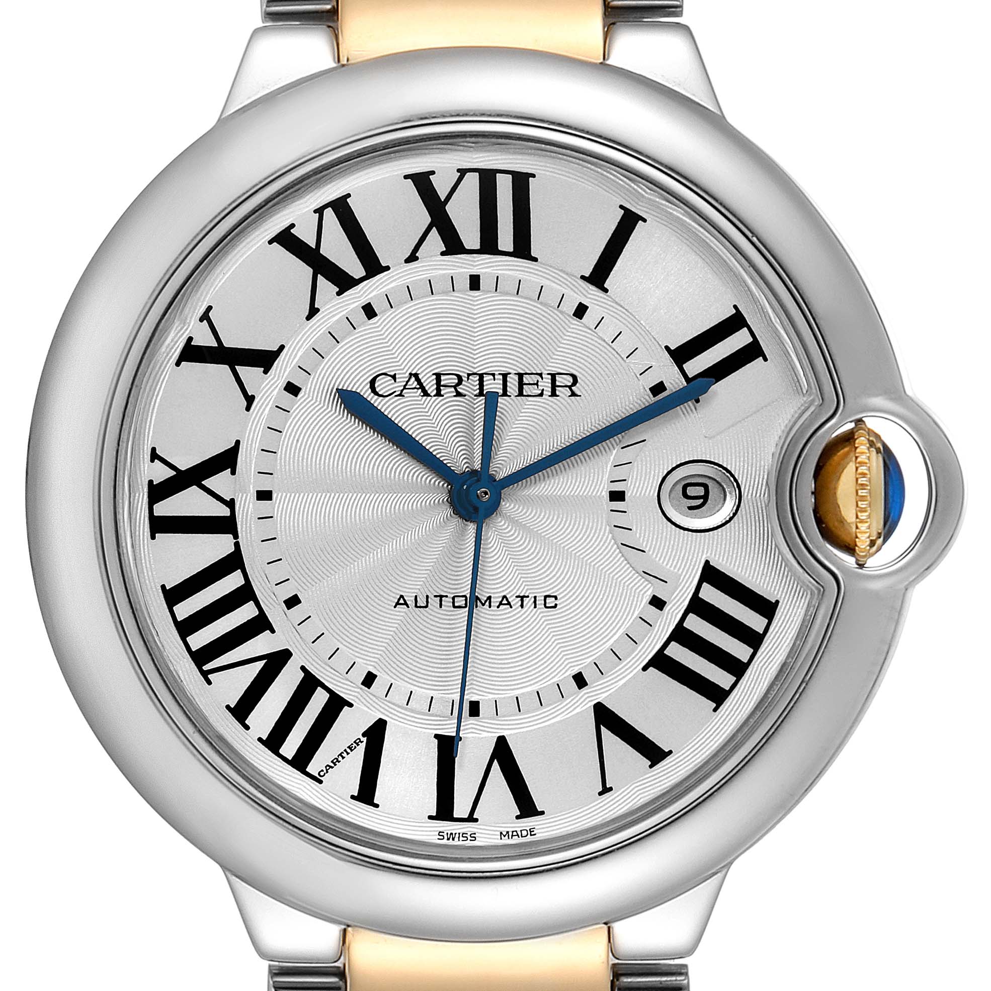The image shows a close-up frontal view of the Cartier Ballon Bleu W6900923 Men
s Steel and Gold (two tone) Silver Dial W6900923 Men
s Steel and Gold (two tone) Silver Dial watch, highlighting its face, Roman numerals, hands, and crown.