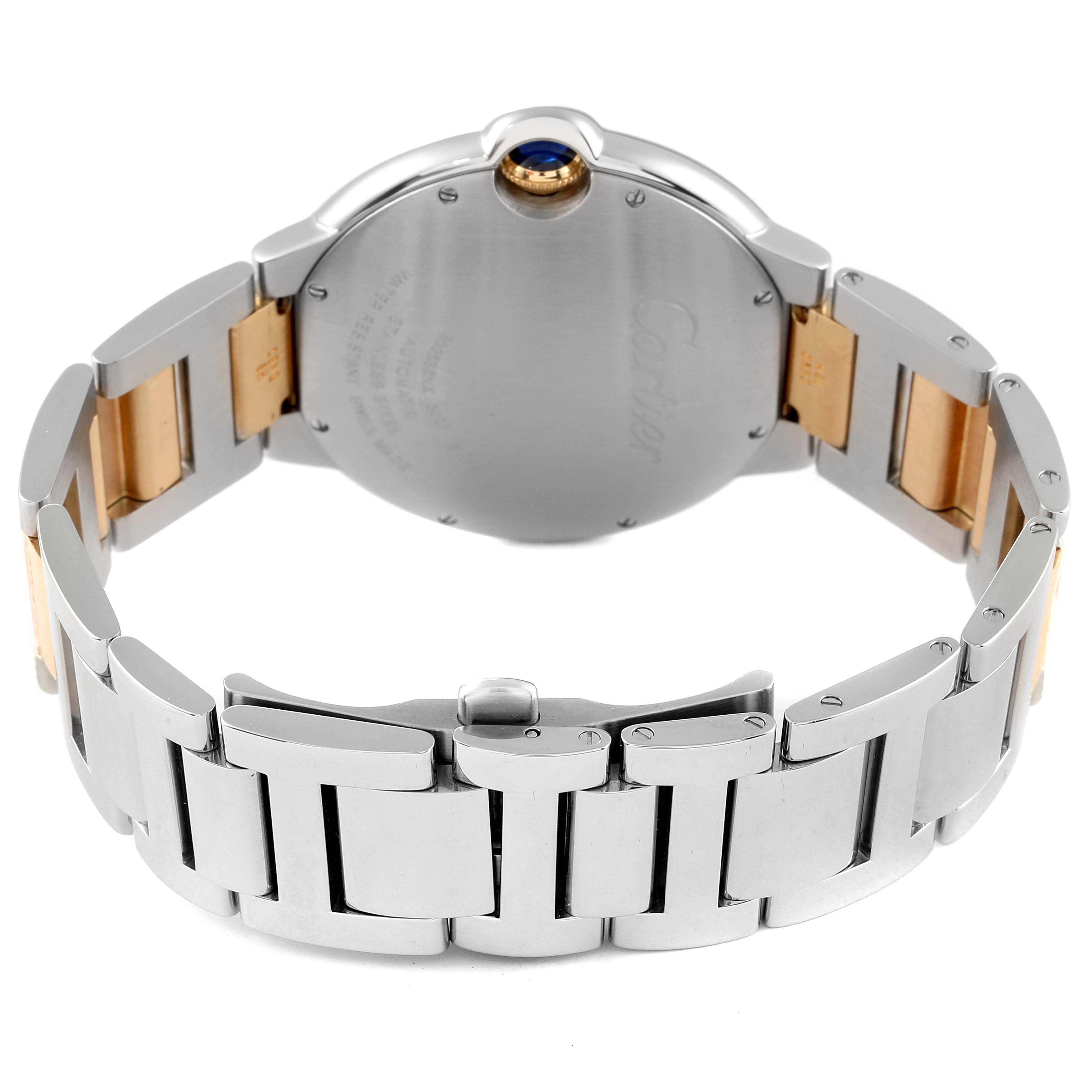 This image shows the back and bracelet of the Cartier Ballon Bleu W6900923 Men
s Steel and Gold (two tone) Silver Dial W6900923 Men
s Steel and Gold (two tone) Silver Dial watch from a slight overhead angle.