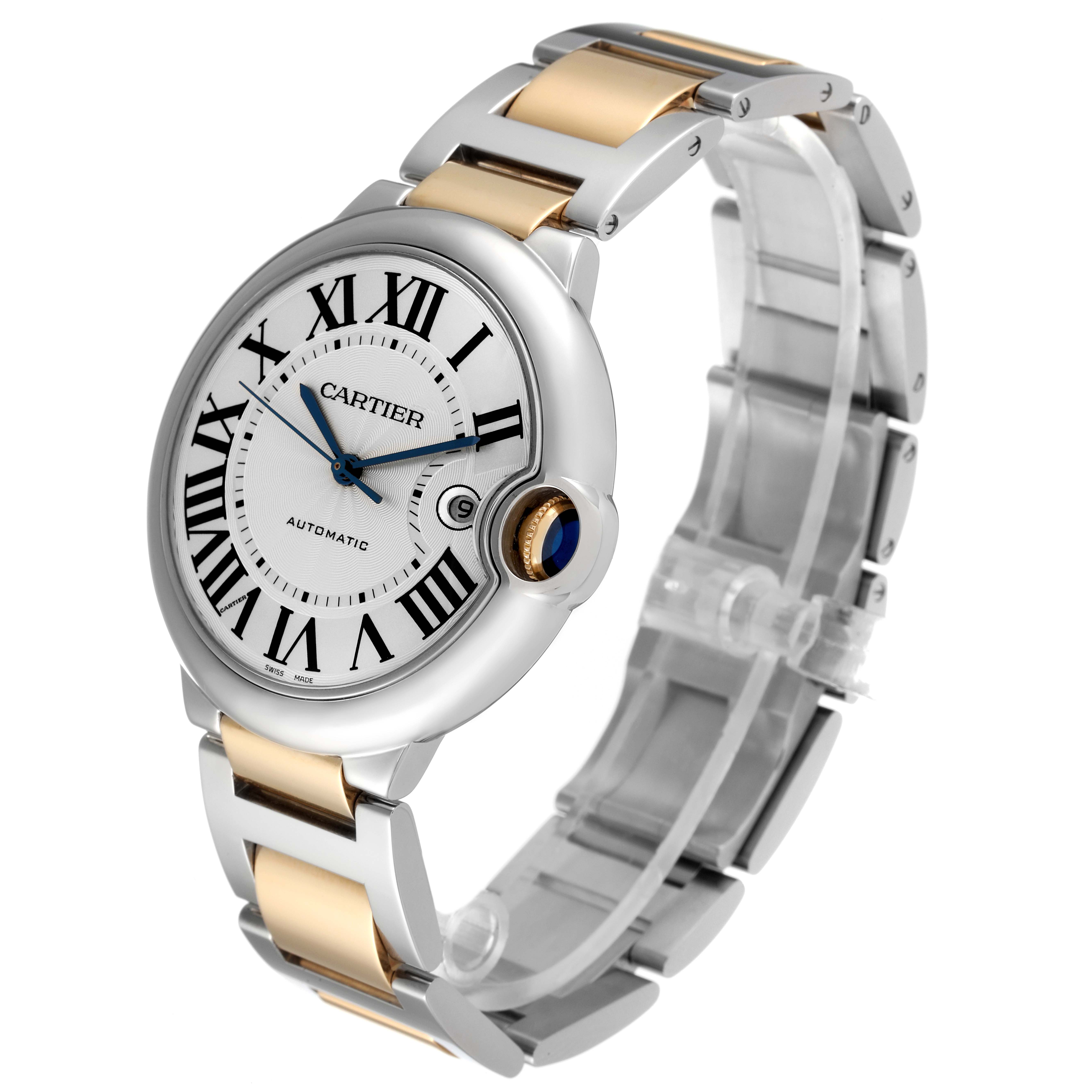 The image shows a side angle view of the Ballon Bleu by Cartier, highlighting its dial, bracelet, and distinctive blue sapphire crown.