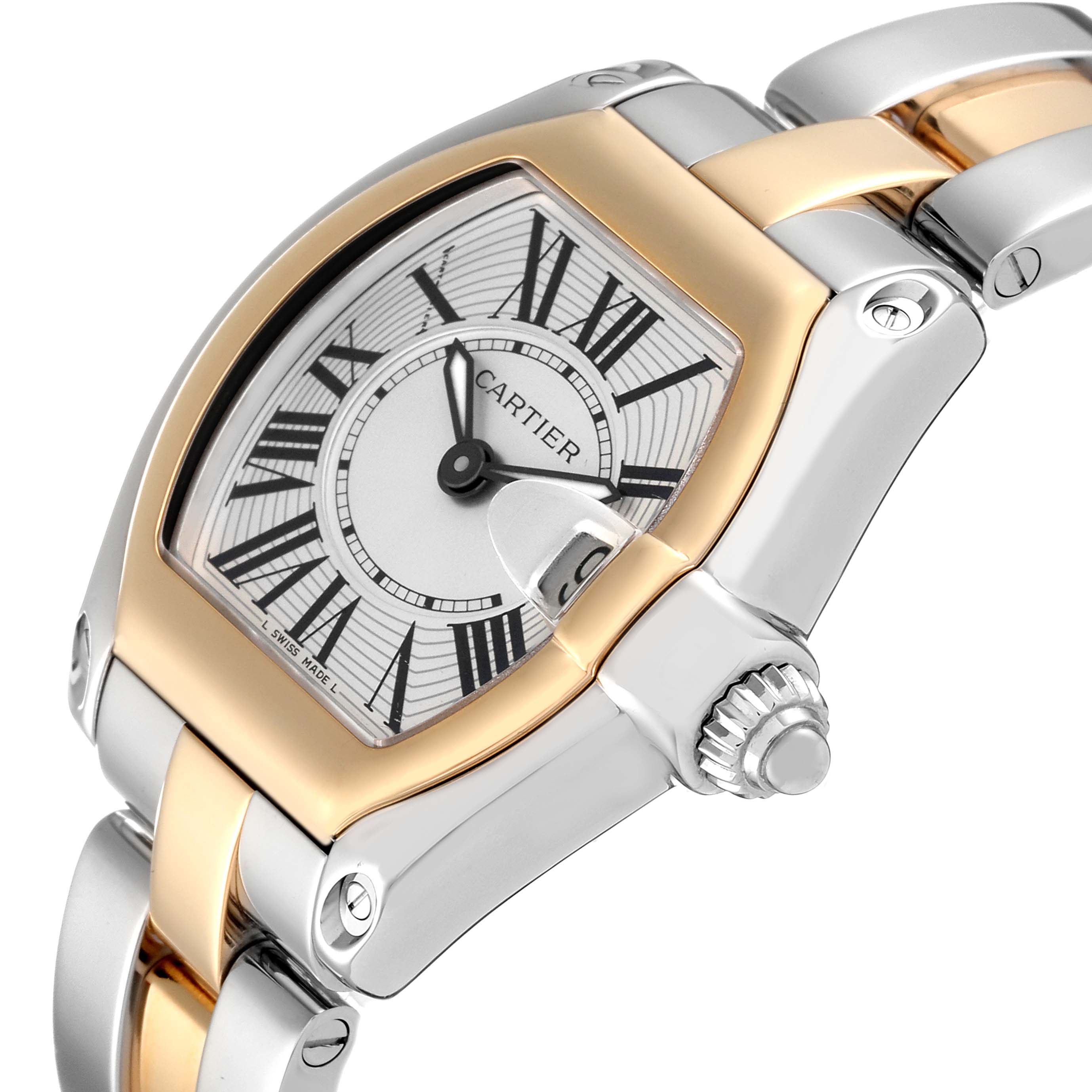 The Cartier Roadster W62026Y4 Women's Steel and Gold (two tone) Silver Dial W62026Y4 Women's Steel and Gold (two tone) Silver Dial watch is shown at an angle highlighting its dial, bezel, and part of the bracelet.