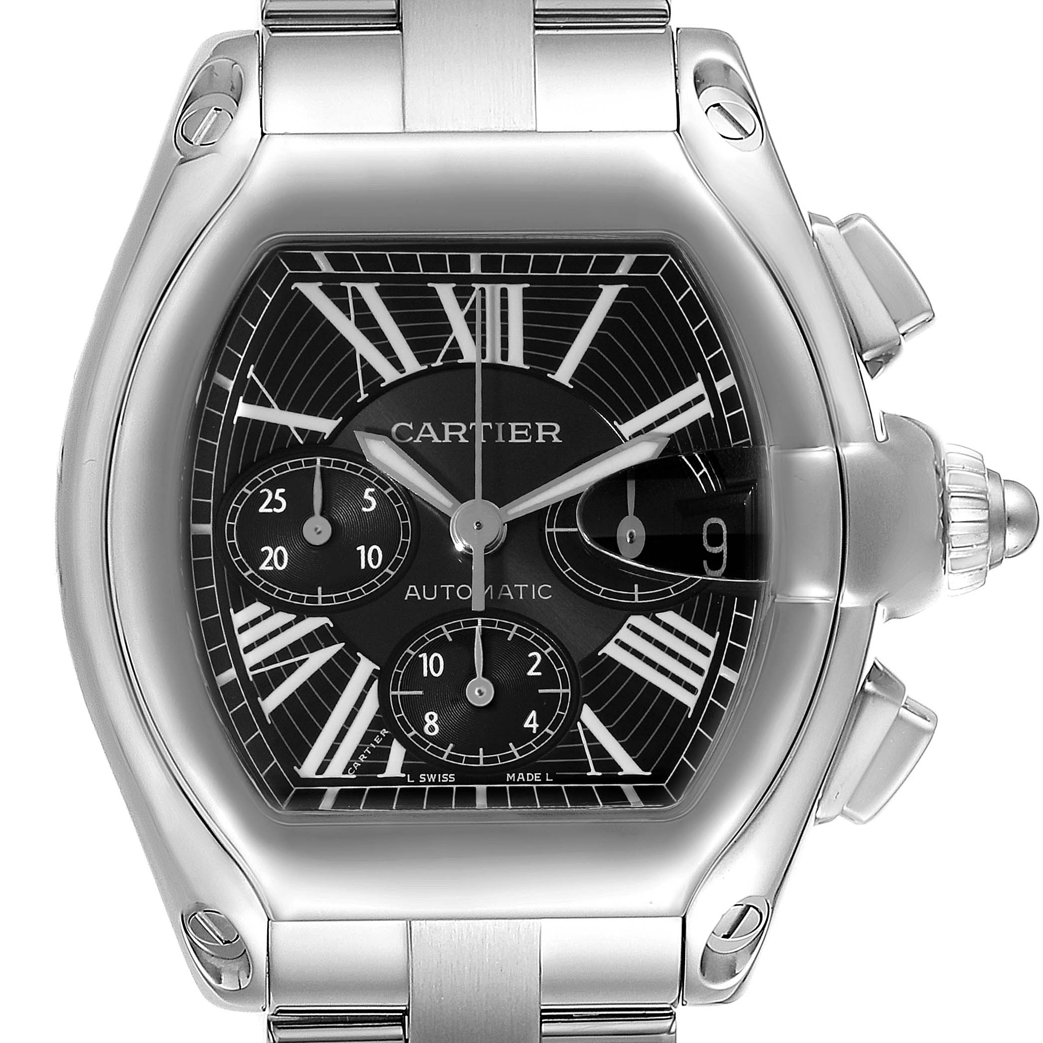 The image shows a close-up, frontal view of the Cartier Roadster W62020X6 Men
s Stainless Steel Black Dial W62020X6 Men
s Stainless Steel Black Dial watch, highlighting its dial, case, and bracelet.