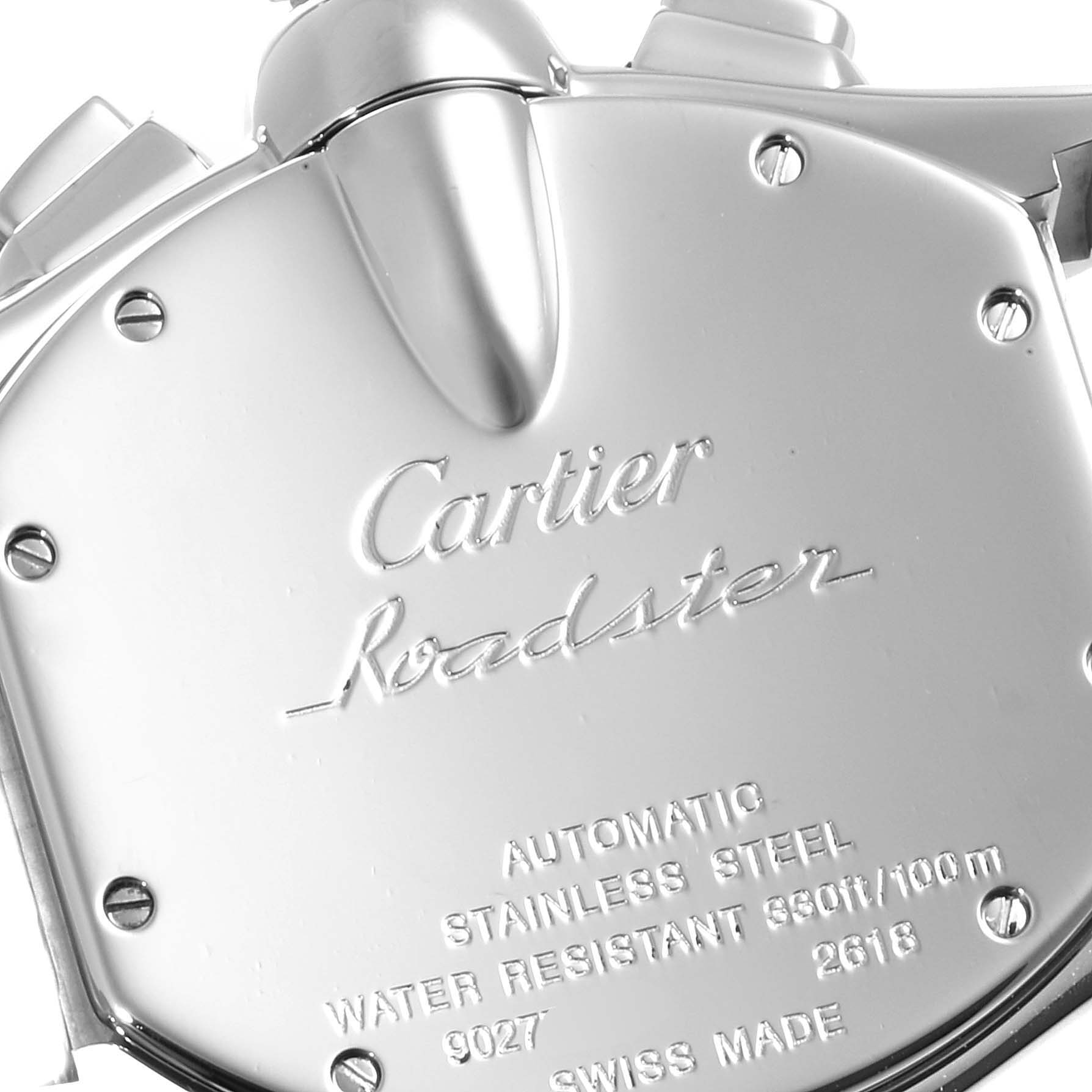 The image shows the back cover and engraving of a Cartier Roadster W62020X6 Men
s Stainless Steel Black Dial W62020X6 Men
s Stainless Steel Black Dial watch, highlighting the model
s details and specifications.