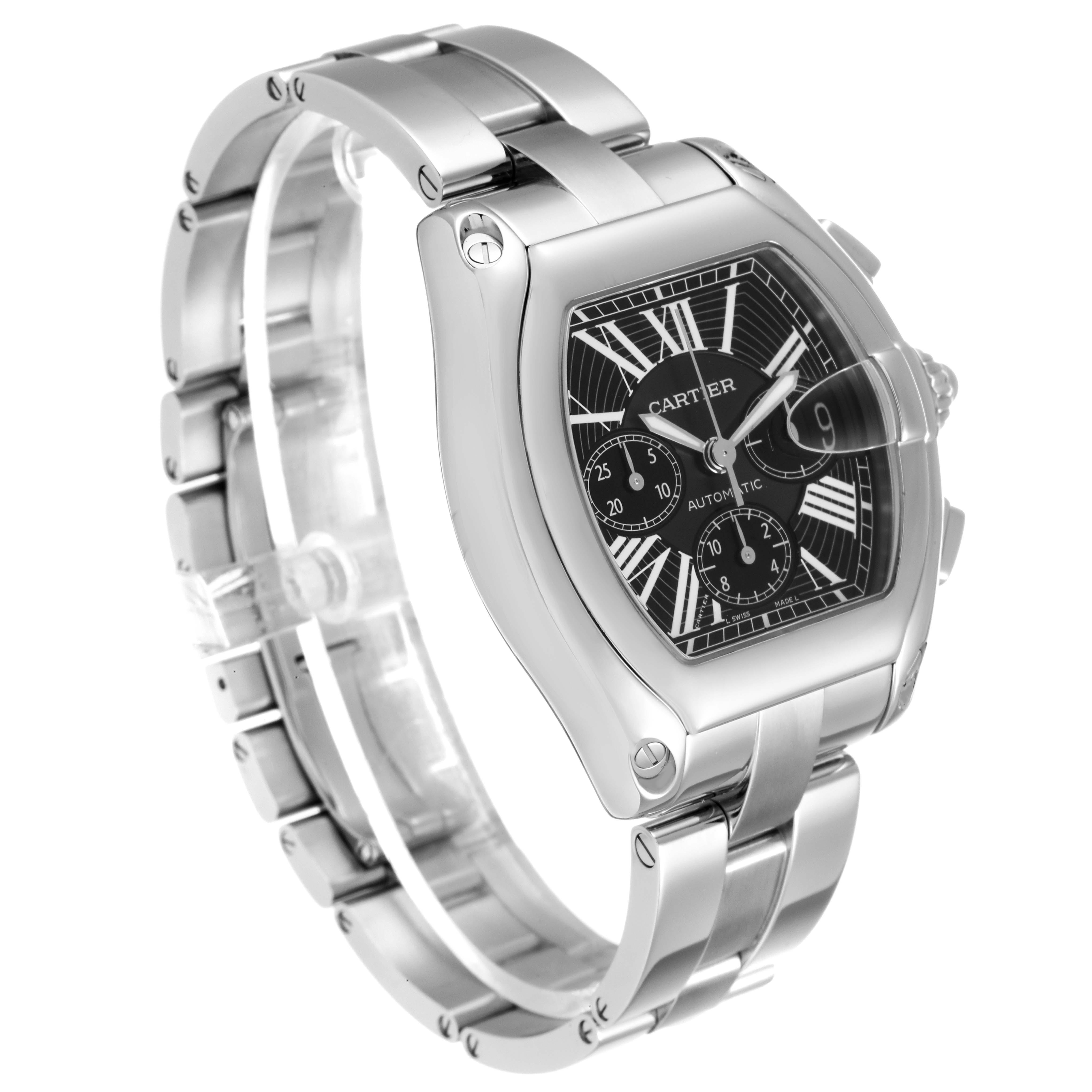 This image shows a front three-quarter view of the Cartier Roadster W62020X6 Men
s Stainless Steel Black Dial W62020X6 Men
s Stainless Steel Black Dial watch, highlighting the face, bezel, and bracelet.