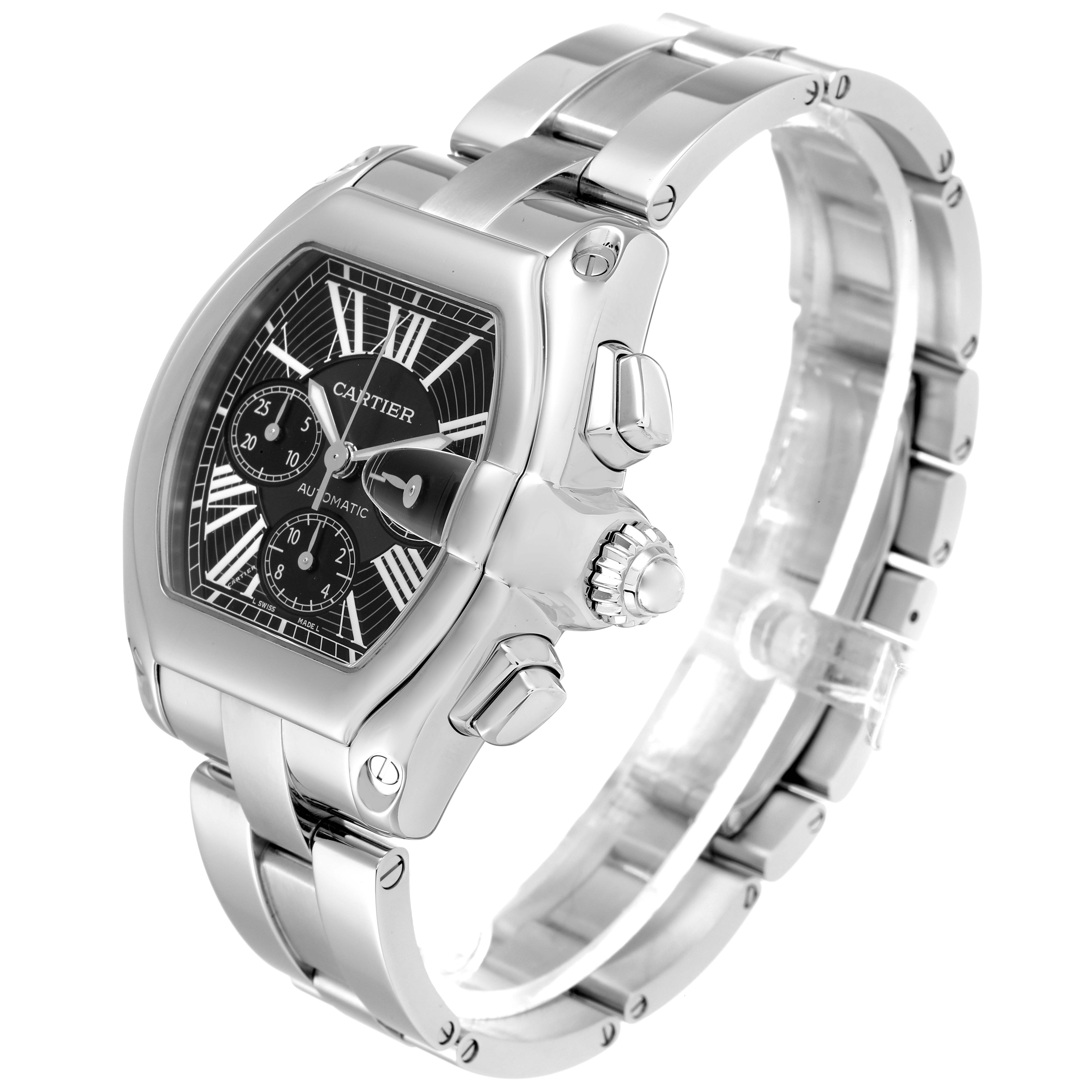 The Cartier Roadster W62020X6 Men
s Stainless Steel Black Dial W62020X6 Men
s Stainless Steel Black Dial watch is shown at a slight angle displaying the face, casing, crown, and part of the bracelet.