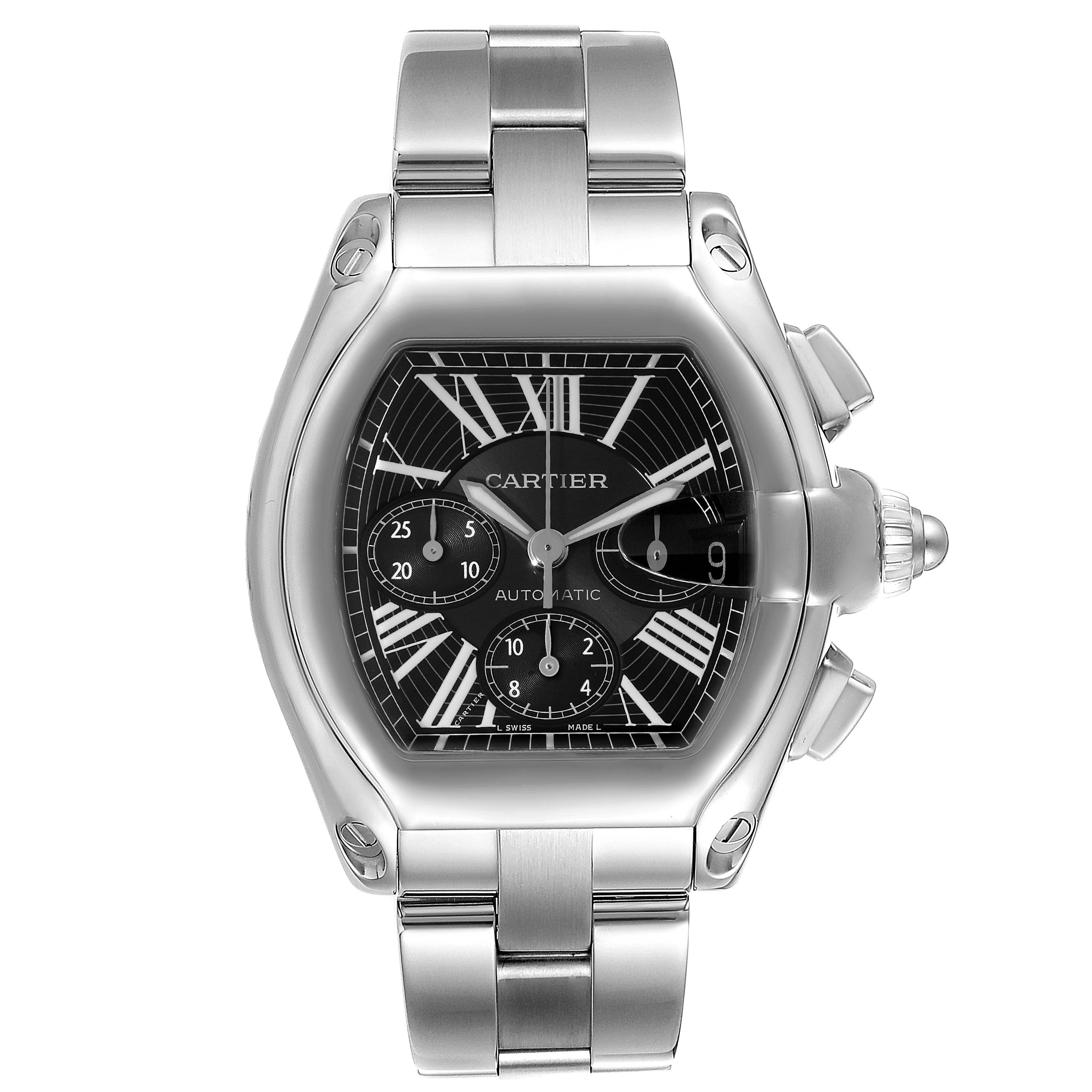 The image shows a Cartier Roadster W62020X6 Men
s Stainless Steel Black Dial W62020X6 Men
s Stainless Steel Black Dial watch viewed from the front, displaying its dial, bezel, and stainless steel bracelet.