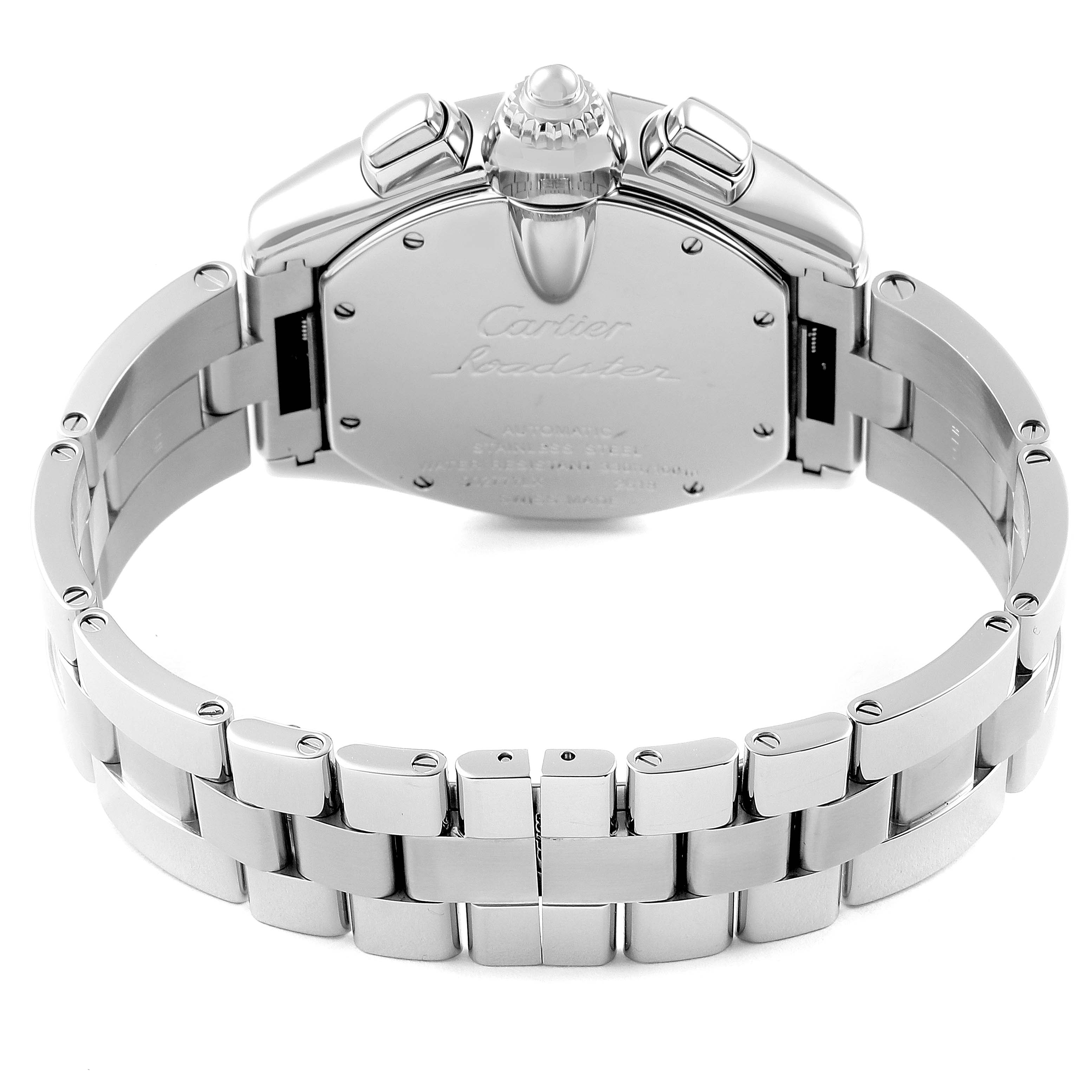 The image shows the back and bracelet of a Cartier Roadster W62020X6 Men
s Stainless Steel Black Dial W62020X6 Men
s Stainless Steel Black Dial watch, highlighting the case back and metal links.