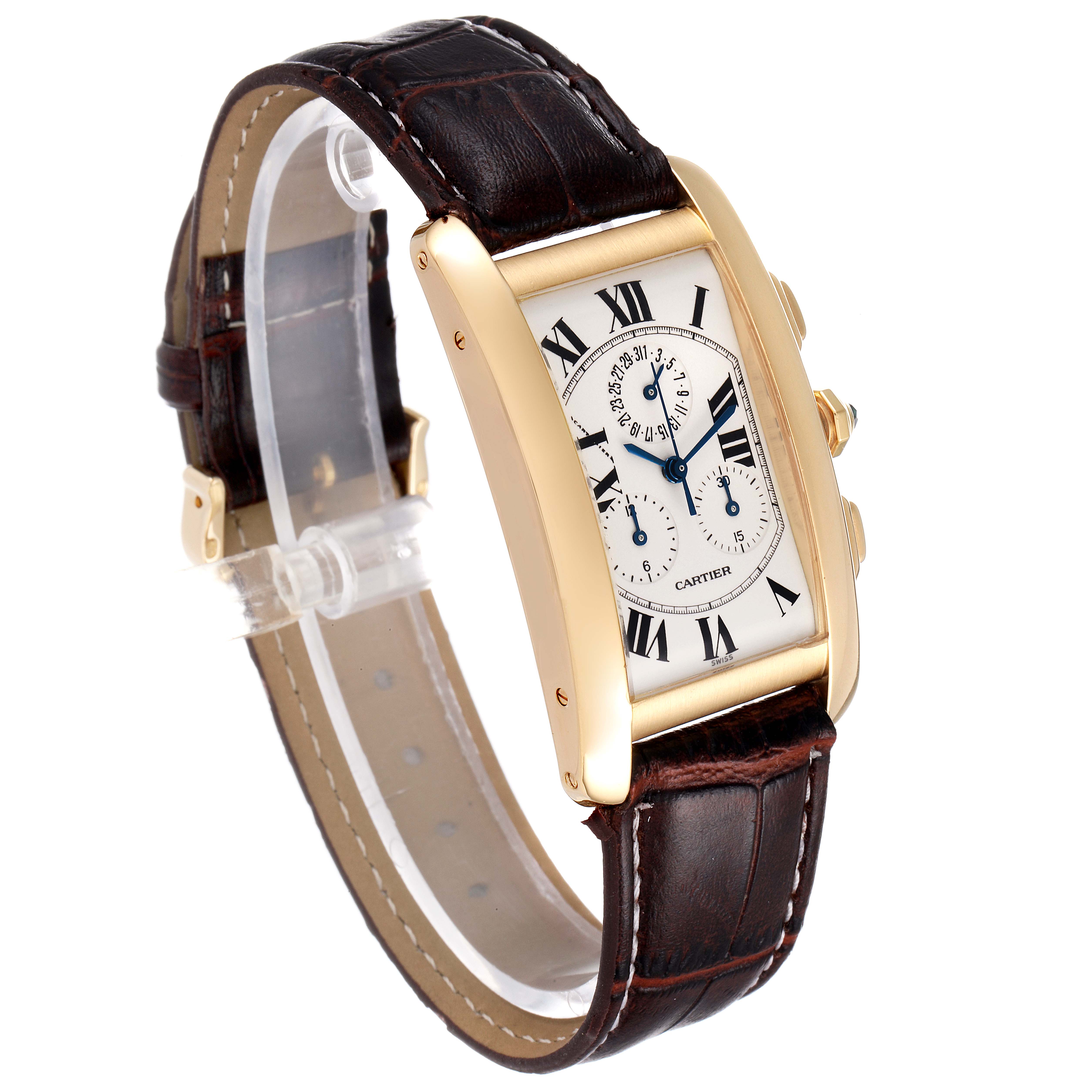The image shows a Cartier Tank Americaine W2601156 Men's Yellow Gold Silver Dial W2601156 Men's Yellow Gold Silver Dial watch at a three-quarter angle, prominently displaying its case, dial, and leather strap.