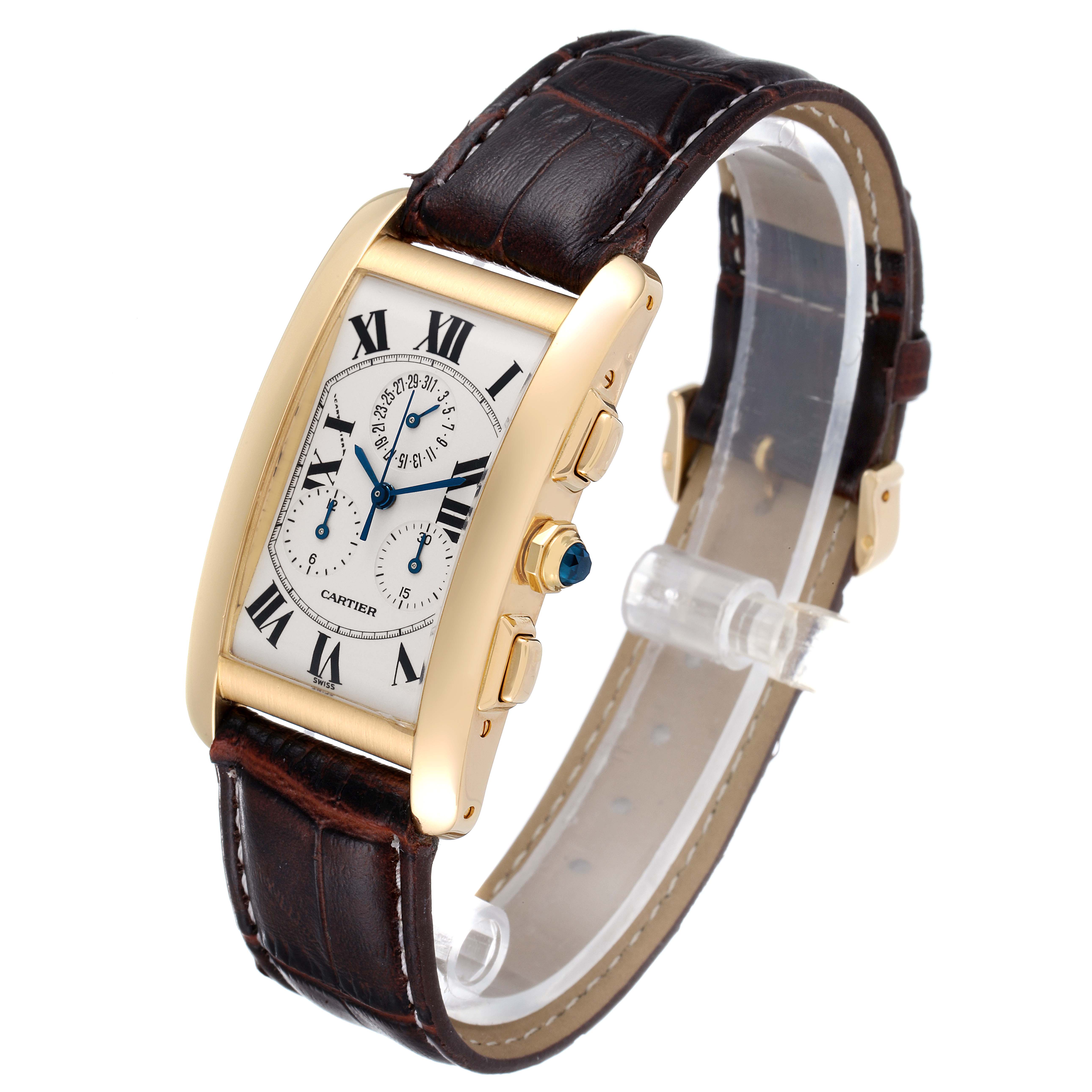 The image shows a Cartier Tank Americaine W2601156 Men's Yellow Gold Silver Dial W2601156 Men's Yellow Gold Silver Dial watch at an angled side view, highlighting its face, strap, and gold case.