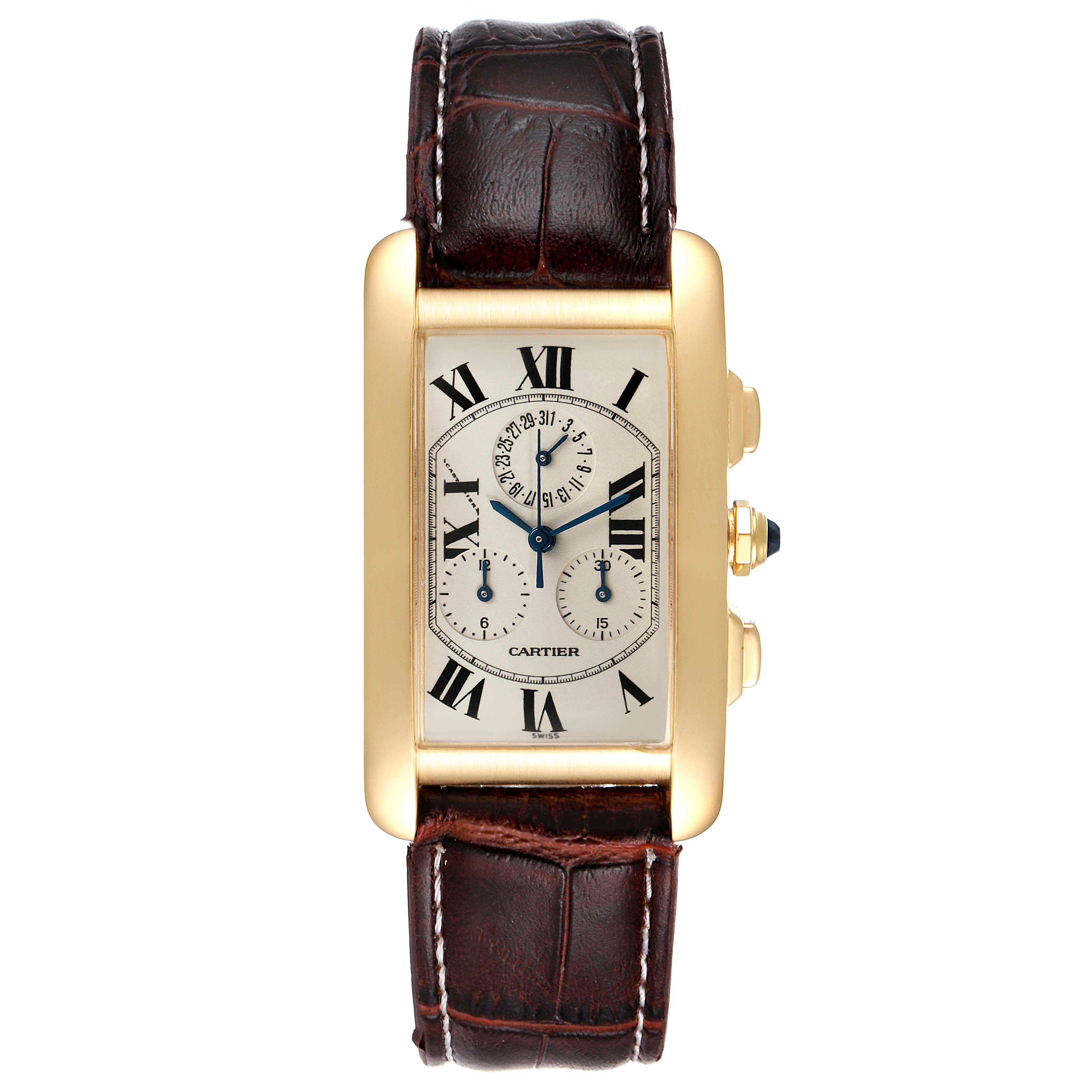 The image shows a top-down view of the Cartier Tank Americaine W2601156 Men's Yellow Gold Silver Dial W2601156 Men's Yellow Gold Silver Dial watch, highlighting its rectangular face, Roman numerals, and brown leather strap.