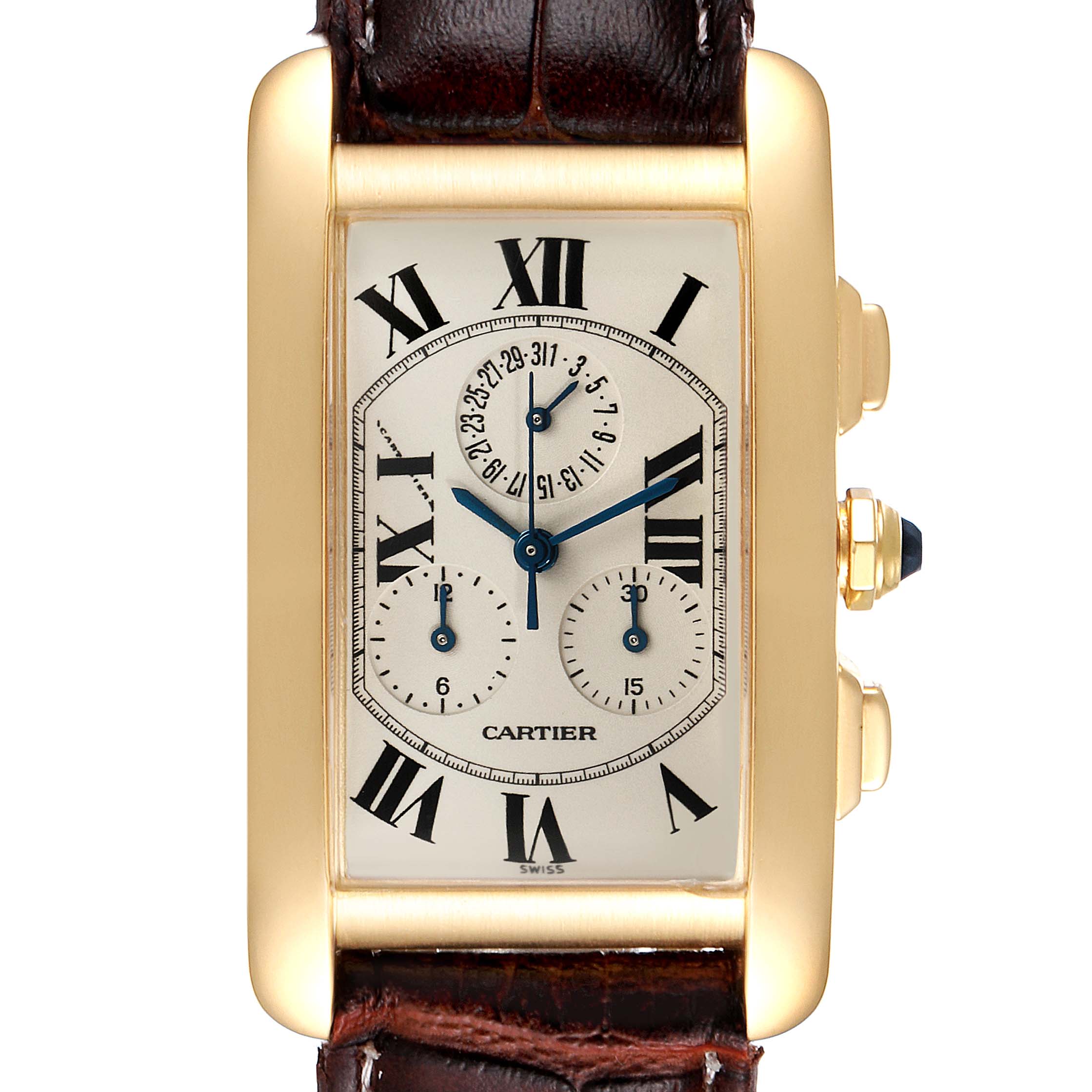 This image shows the front view of the Cartier Tank Americaine W2601156 Men's Yellow Gold Silver Dial W2601156 Men's Yellow Gold Silver Dial watch, emphasizing its dial, case, and leather strap.