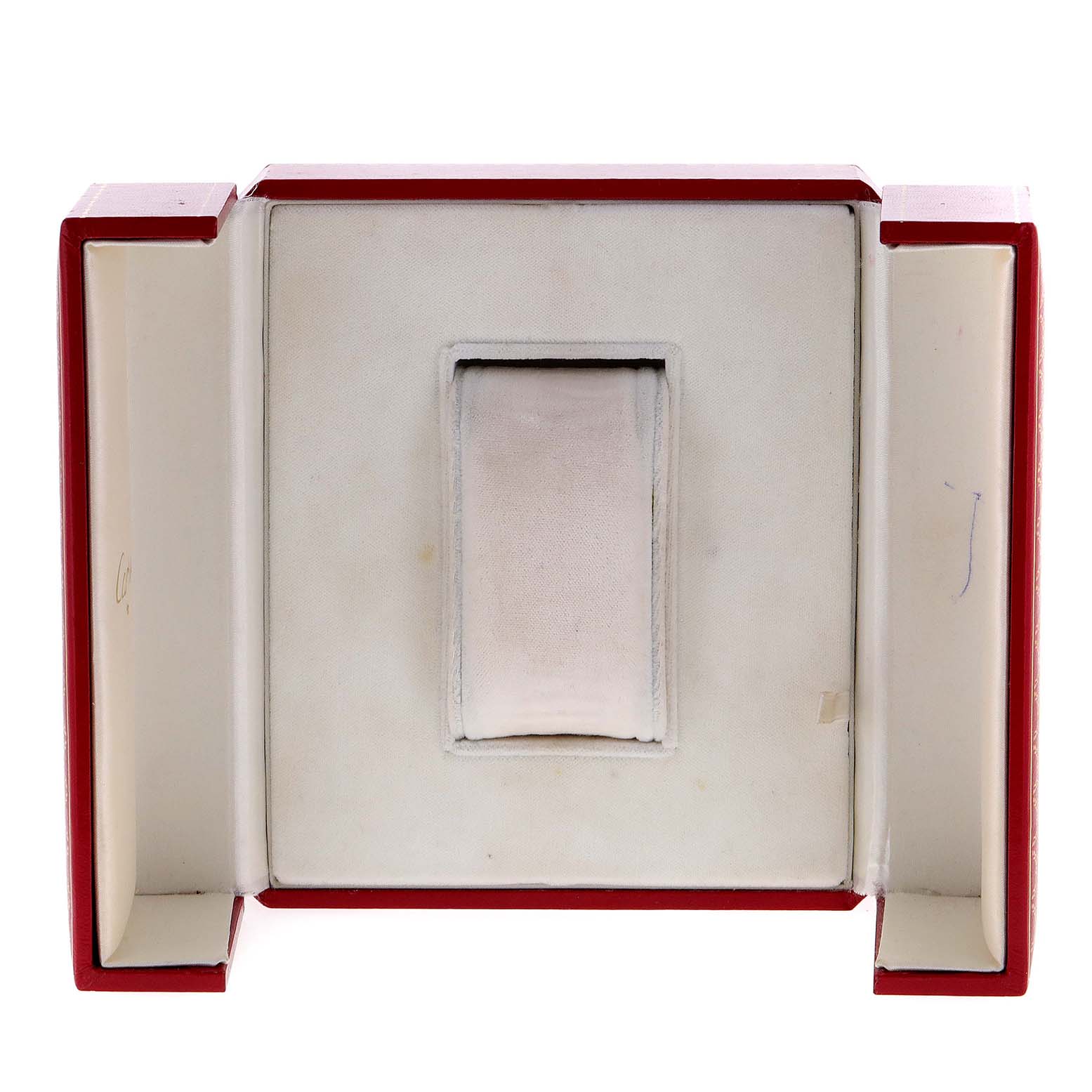 The image shows an open, empty Cartier box for a Tank Americaine model watch, viewed from above.