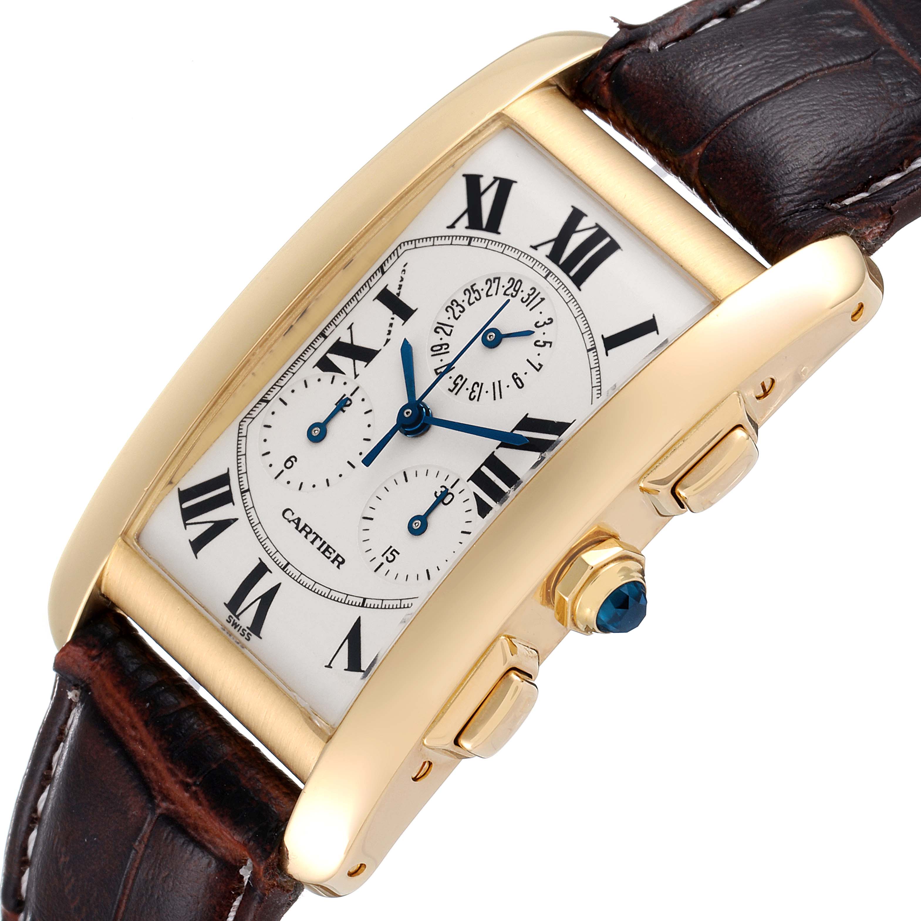 The Cartier Tank Américaine watch is shown at an angled view, highlighting its face, crown, and part of the strap.