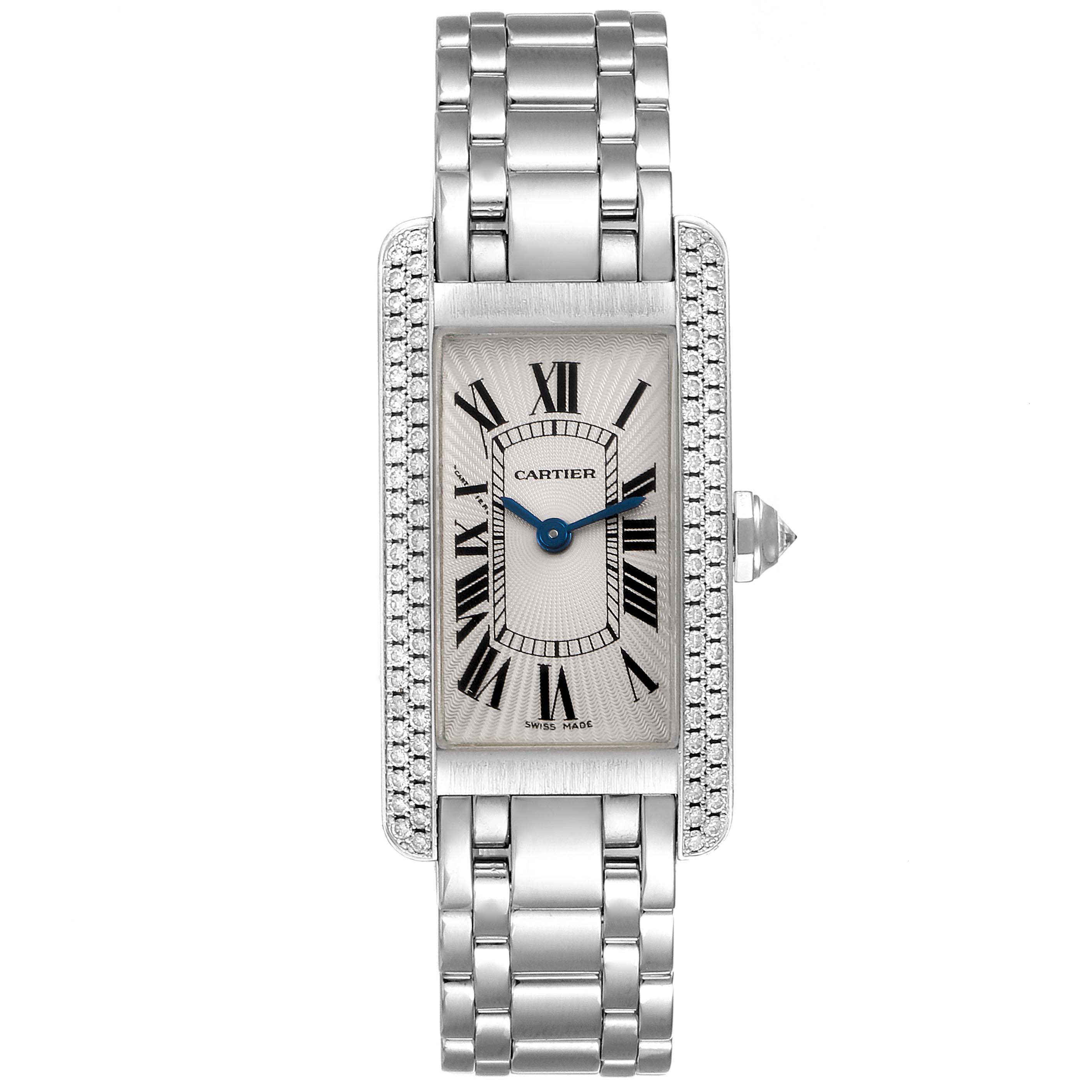 The image shows a front view of the Cartier Tank Americaine WB7018L1 Women
s White Gold Silver Dial WB7018L1 Women
s White Gold Silver Dial watch with its bracelet and diamond-encrusted rectangular case.