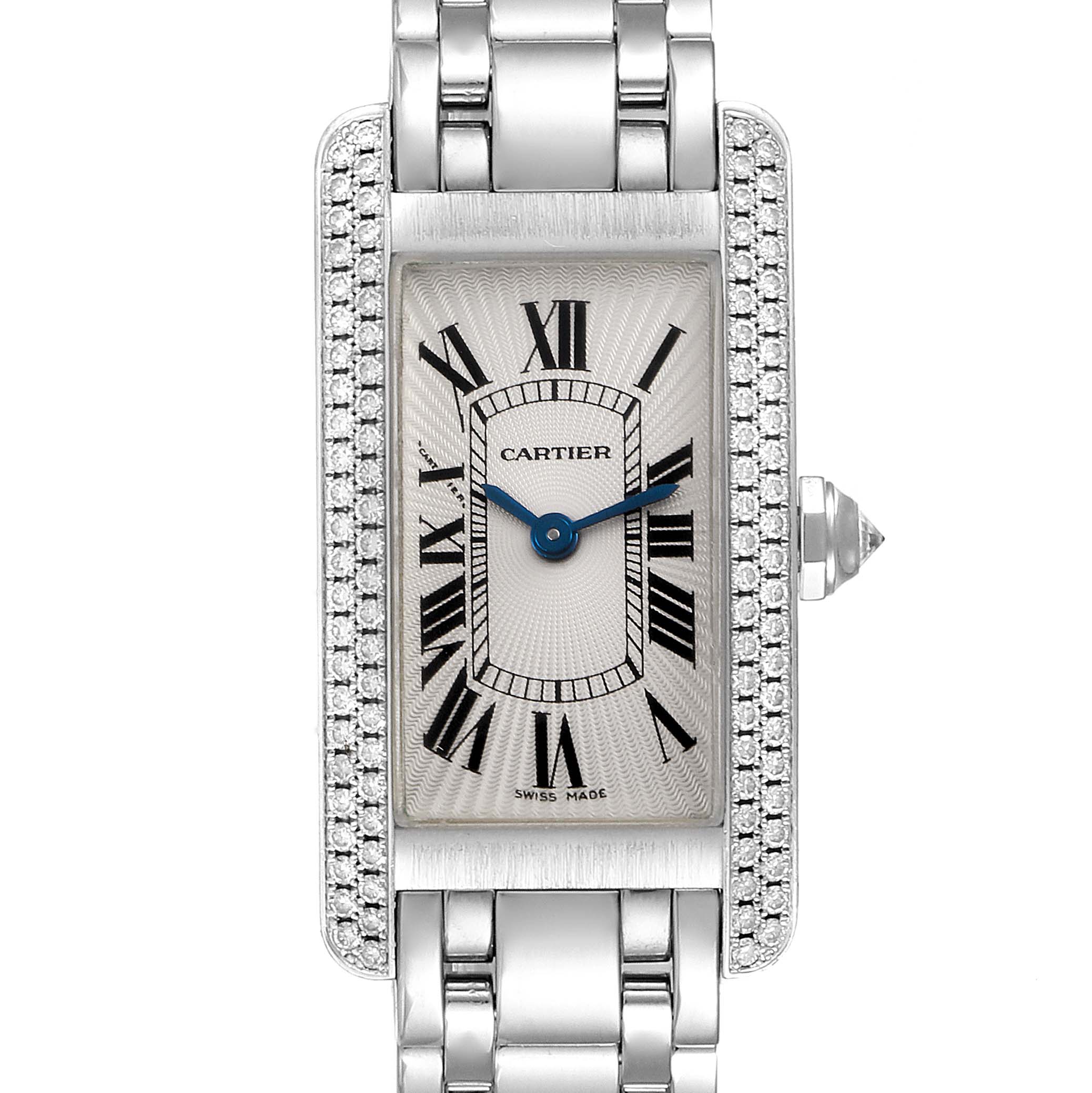 This image shows a frontal view of the Cartier Tank Americaine WB7018L1 Women
s White Gold Silver Dial WB7018L1 Women
s White Gold Silver Dial watch, featuring its rectangular dial, Roman numerals, and bracelet strap.