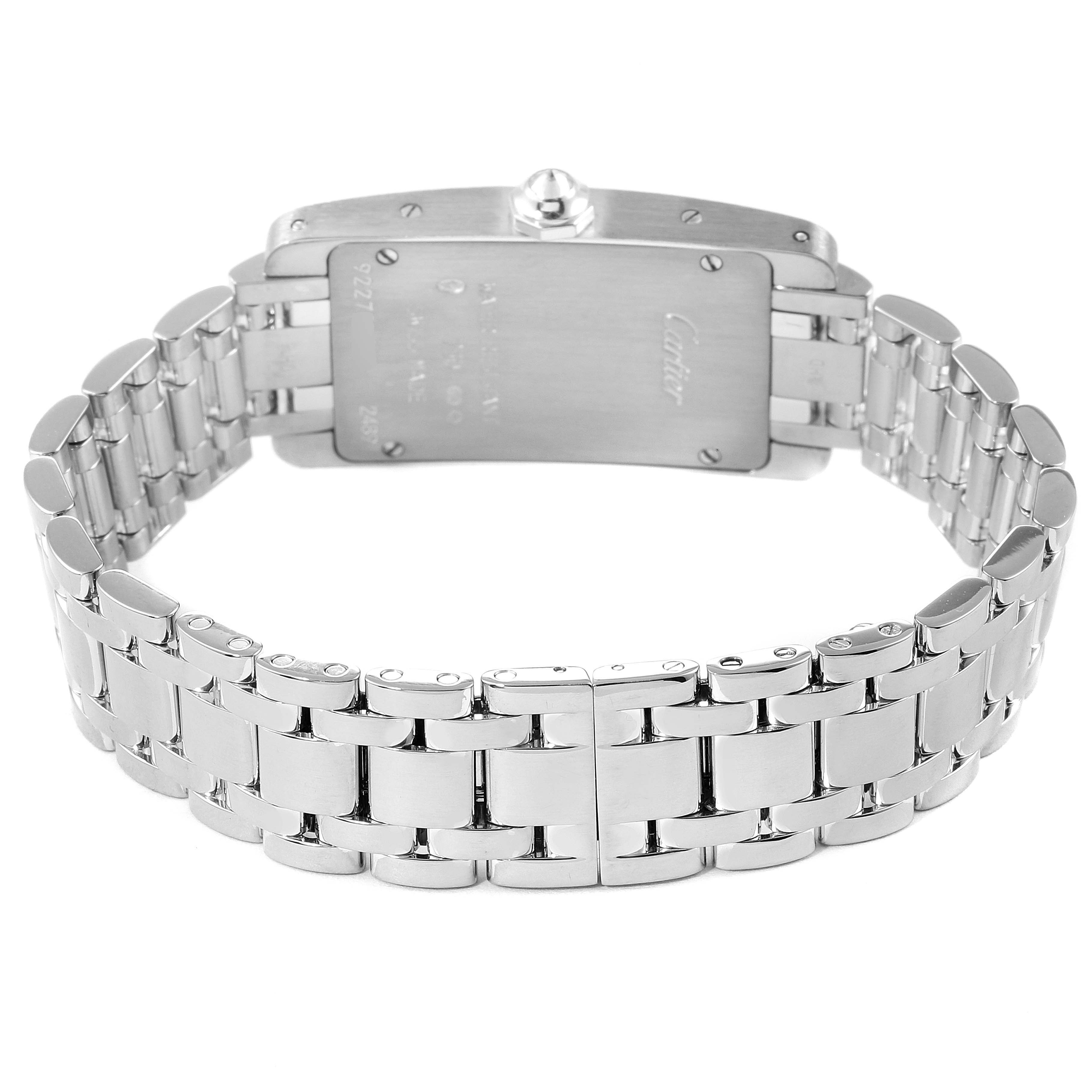 This image shows the back and stainless steel bracelet of a Tank Americaine watch by Cartier.