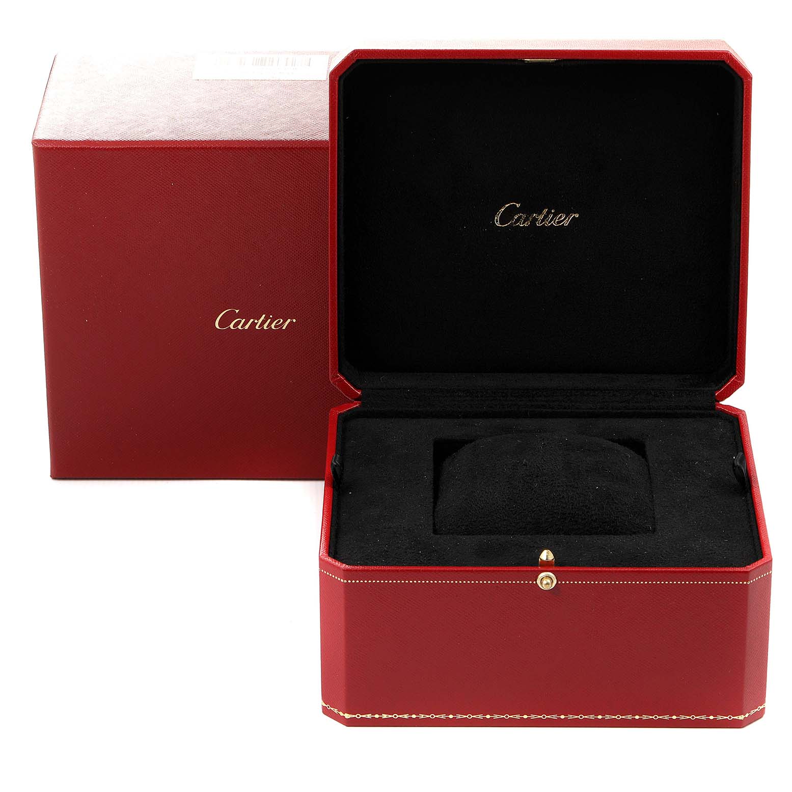 The image shows an open red Cartier box for the Tank Americaine model watch, with the Cartier logo visible inside.