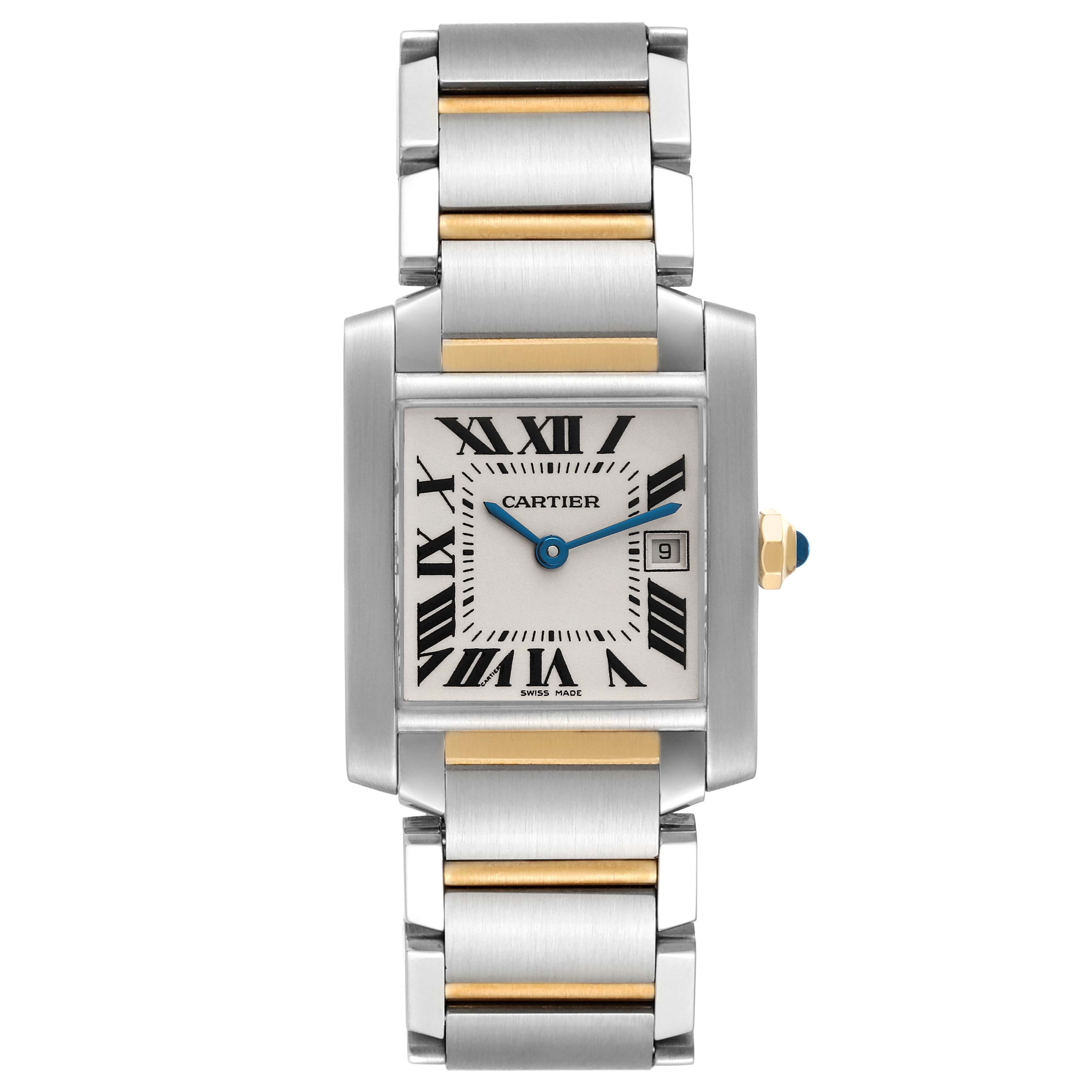 The image shows a front view of the Cartier Tank Française watch, displaying its square face, Roman numeral markers, and dual-tone bracelet.