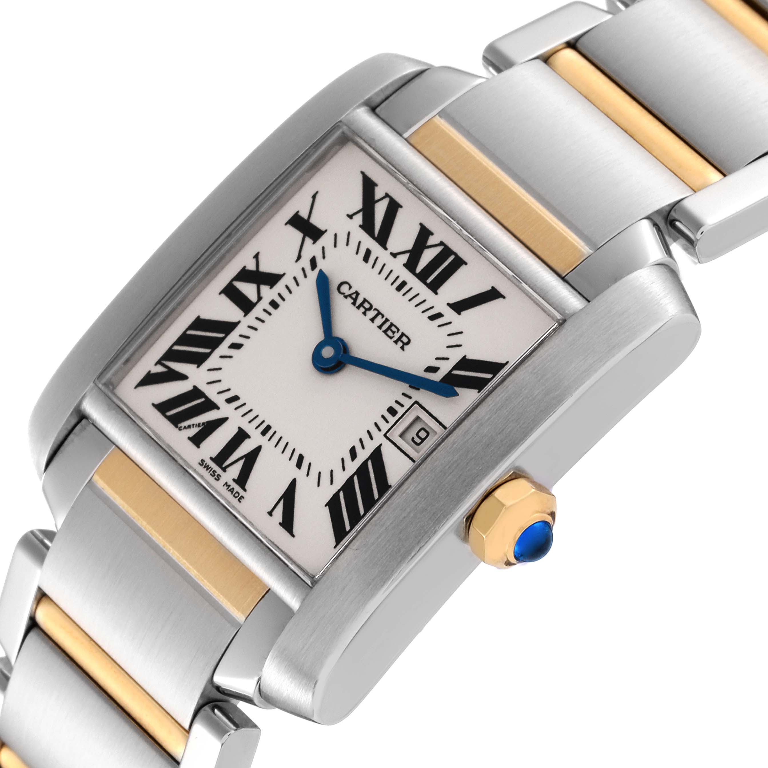 The image shows a close-up angled view of the dial and part of the bracelet of the Cartier Tank Française watch.