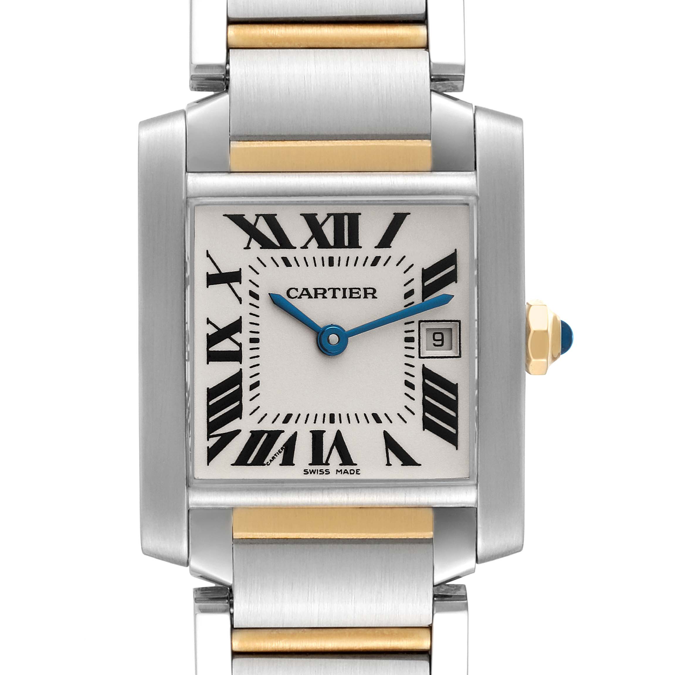 This image shows a front view of a Cartier Tank Francaise W51012Q4 Women
s Stainless Steel Silver Dial W51012Q4 Women
s Stainless Steel Silver Dial watch displaying the dial, bracelet, and crown.
