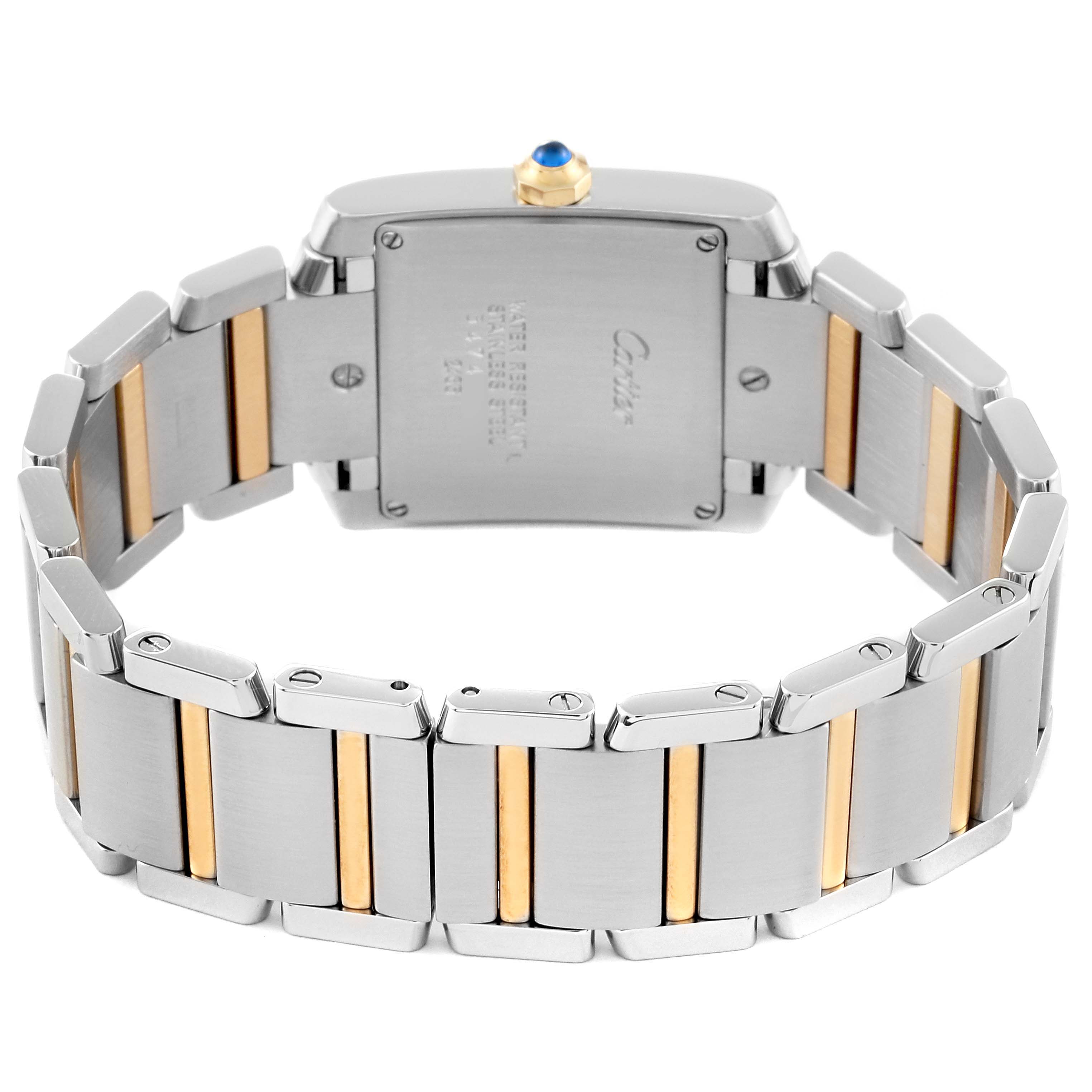 This image shows the backside and bracelet of the Cartier Tank Francaise W51012Q4 Women
s Stainless Steel Silver Dial W51012Q4 Women
s Stainless Steel Silver Dial watch, highlighting the two-tone metal design.