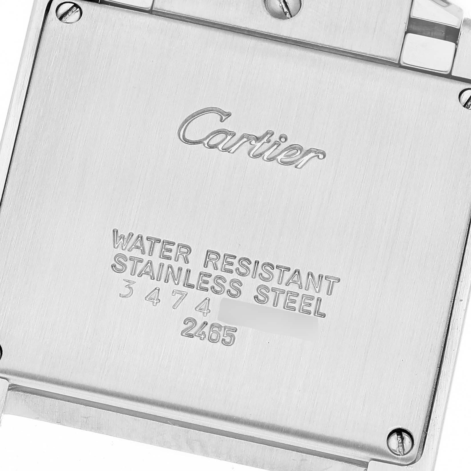 This is an image of the back case of the Cartier Tank Francaise W51012Q4 Women
s Stainless Steel Silver Dial W51012Q4 Women
s Stainless Steel Silver Dial watch made of stainless steel.