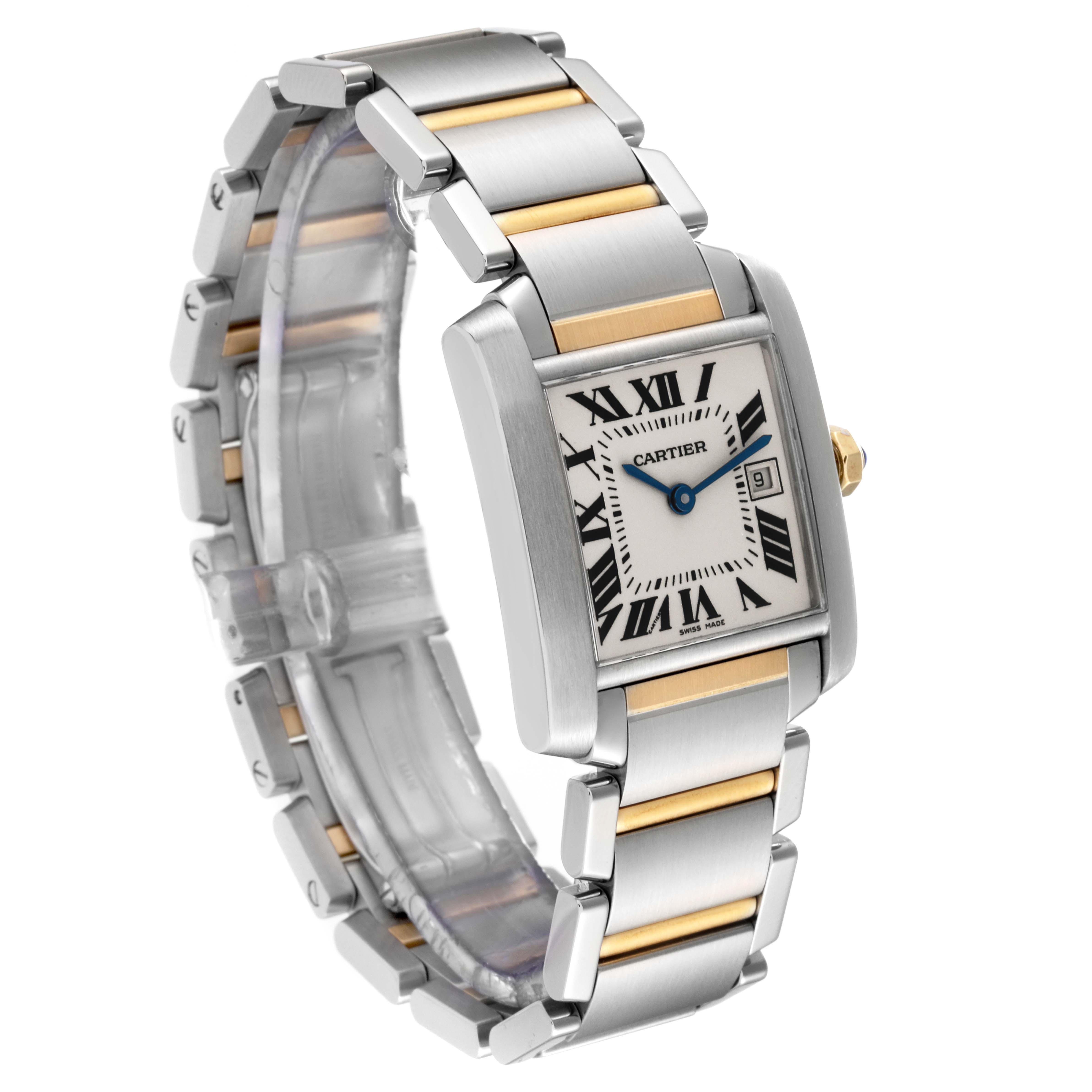 The image shows a Cartier Tank Francaise W51012Q4 Women
s Stainless Steel Silver Dial W51012Q4 Women
s Stainless Steel Silver Dial watch angled from the front-left, displaying its face, bracelet, and clasp.