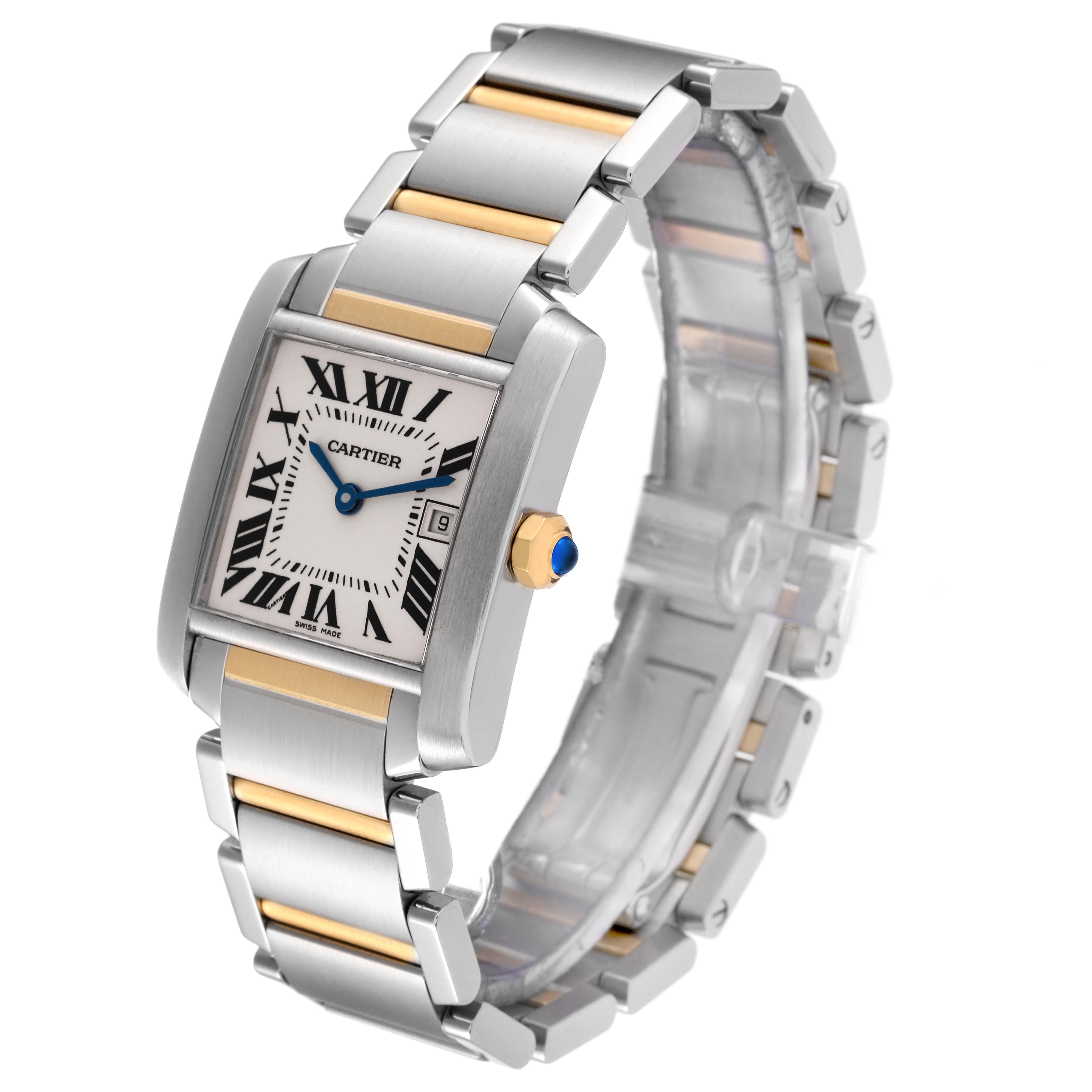 The image shows a Cartier Tank Française watch at an angle highlighting its rectangular face, Roman numerals, and two-tone metal band.