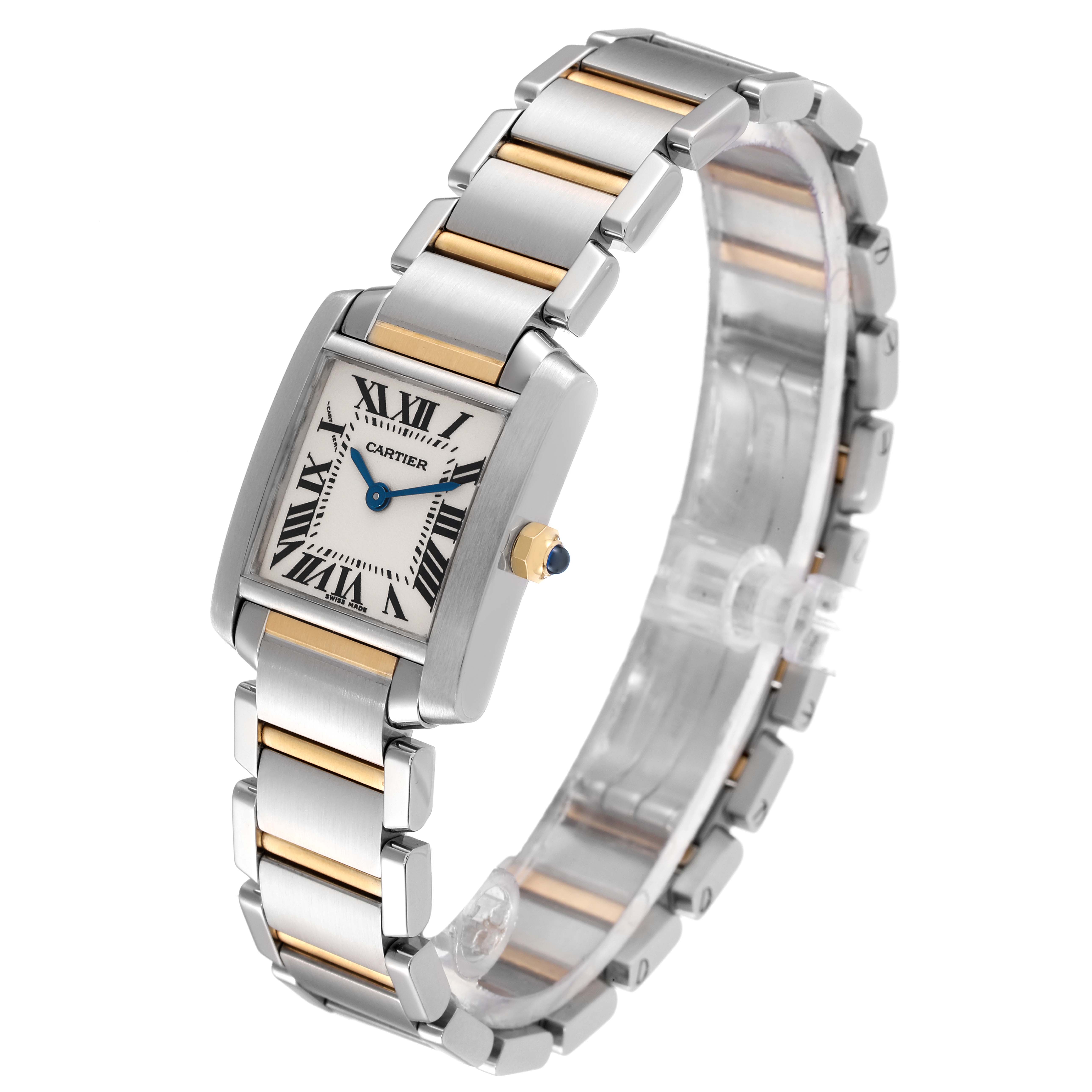 The image shows a Cartier Tank Francaise W51007Q4 Women's Steel and Gold (two tone) Silver Dial W51007Q4 Women's Steel and Gold (two tone) Silver Dial watch from an angled top view, highlighting its face, bracelet, and crown.