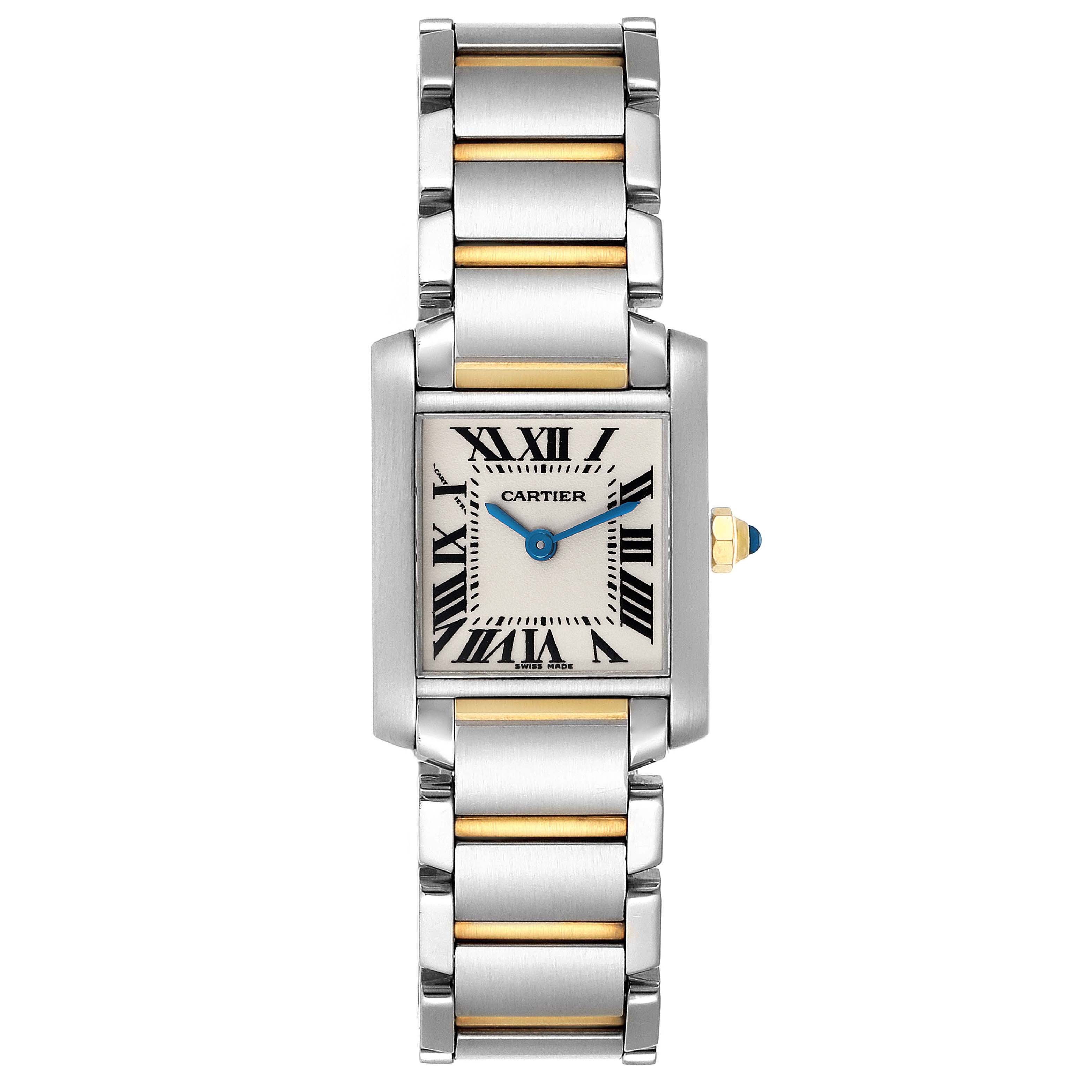 The image shows a front view of the Cartier Tank Francaise W51007Q4 Women's Steel and Gold (two tone) Silver Dial W51007Q4 Women's Steel and Gold (two tone) Silver Dial watch, highlighting its rectangular face and metal bracelet.
