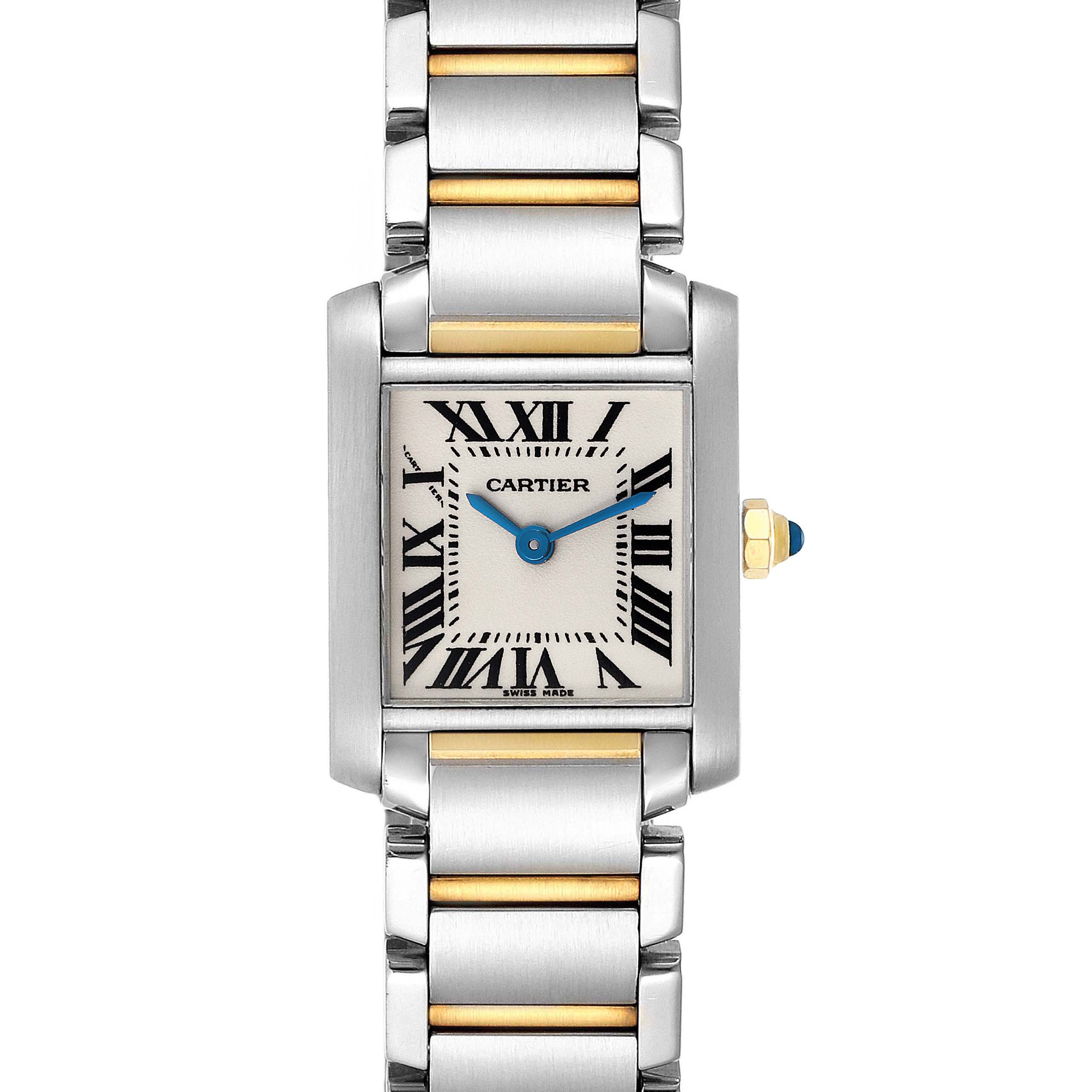 The image shows a Cartier Tank Française watch from a top-down angle, highlighting the face, bezel, and bracelet.