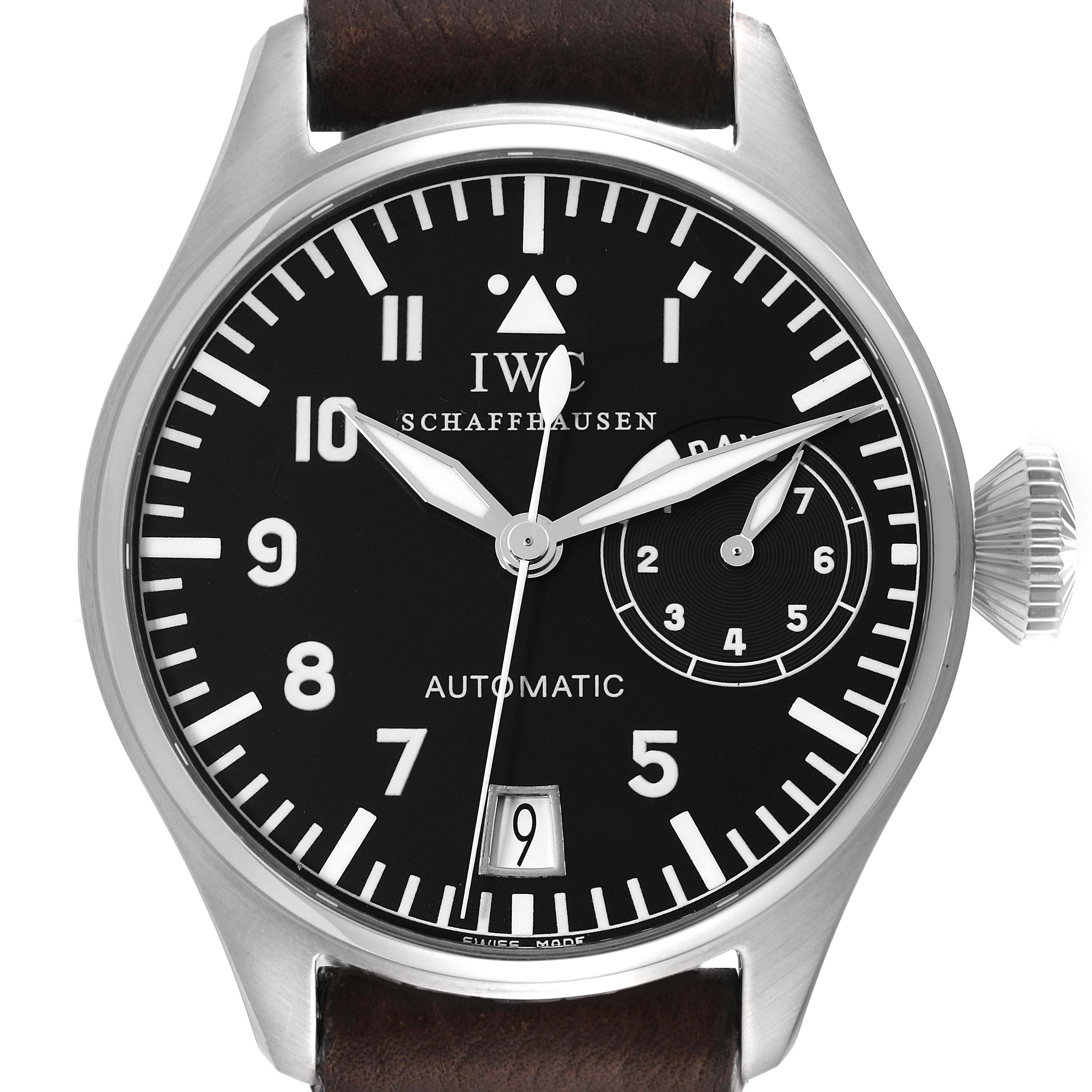 The image shows a front view of the IWC Pilot IW500201 Men's Stainless Steel Black Dial IW500201 Men's Stainless Steel Black Dial model watch displaying the dial, hands, crown, and part of the strap.
