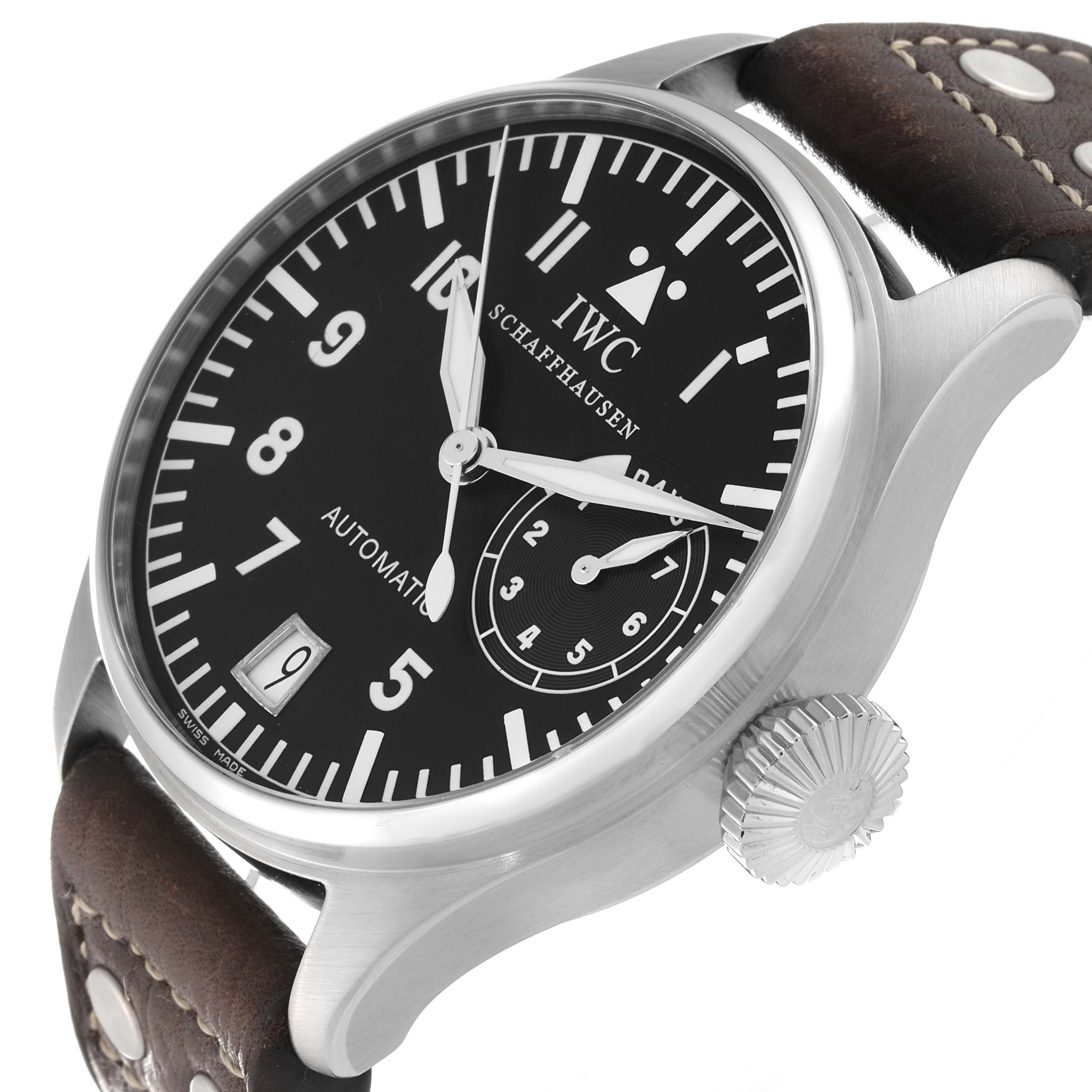 The IWC Pilot IW500201 Men's Stainless Steel Black Dial IW500201 Men's Stainless Steel Black Dial watch is shown from an oblique angle, highlighting its black dial, white numerals, and brown leather strap.