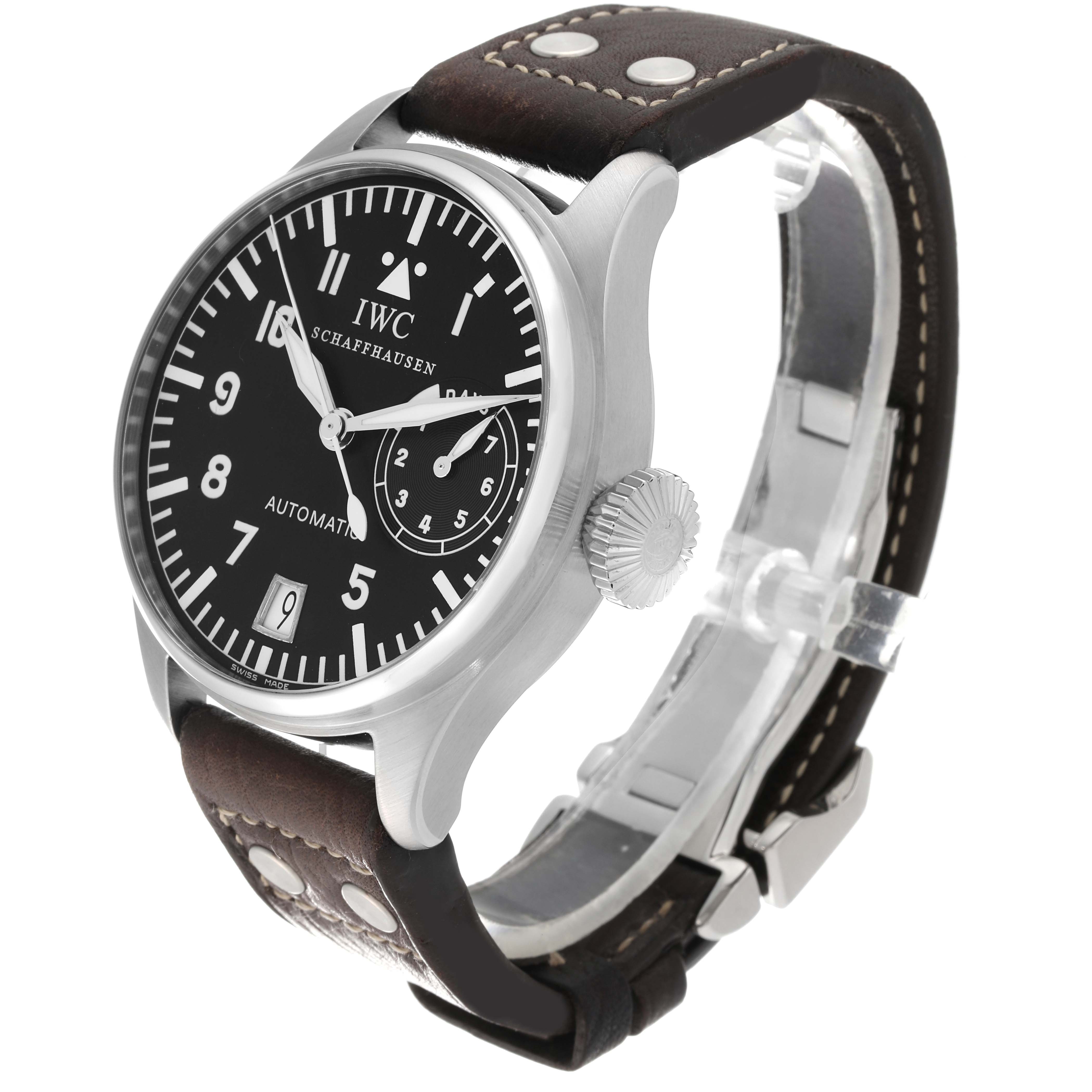 The IWC Pilot IW500201 Men's Stainless Steel Black Dial IW500201 Men's Stainless Steel Black Dial watch model is shown at a three-quarter angle, highlighting its face, crown, and leather strap.