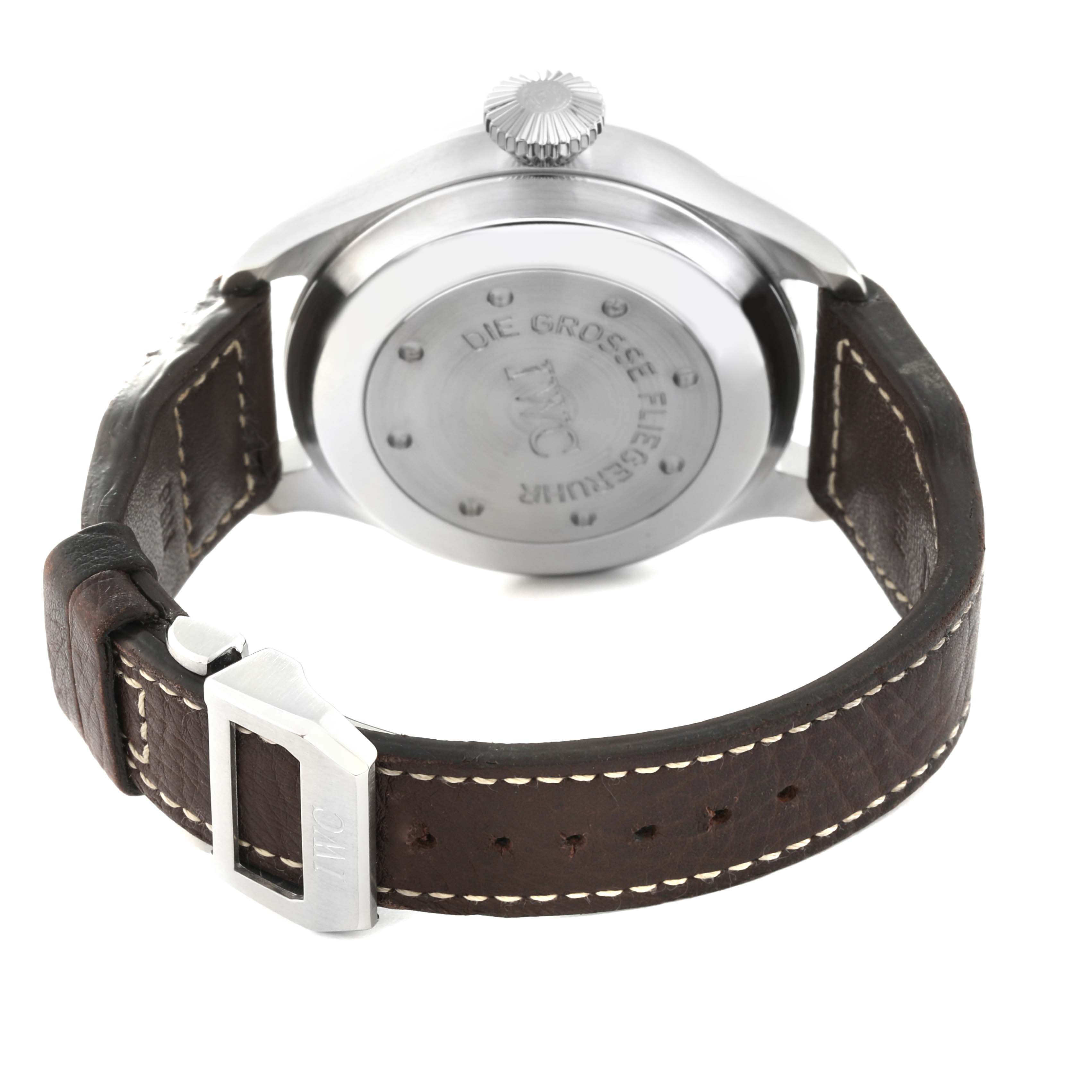 This image shows the back case, crown, and leather strap of the IWC Pilot IW500201 Men's Stainless Steel Black Dial IW500201 Men's Stainless Steel Black Dial model watch.