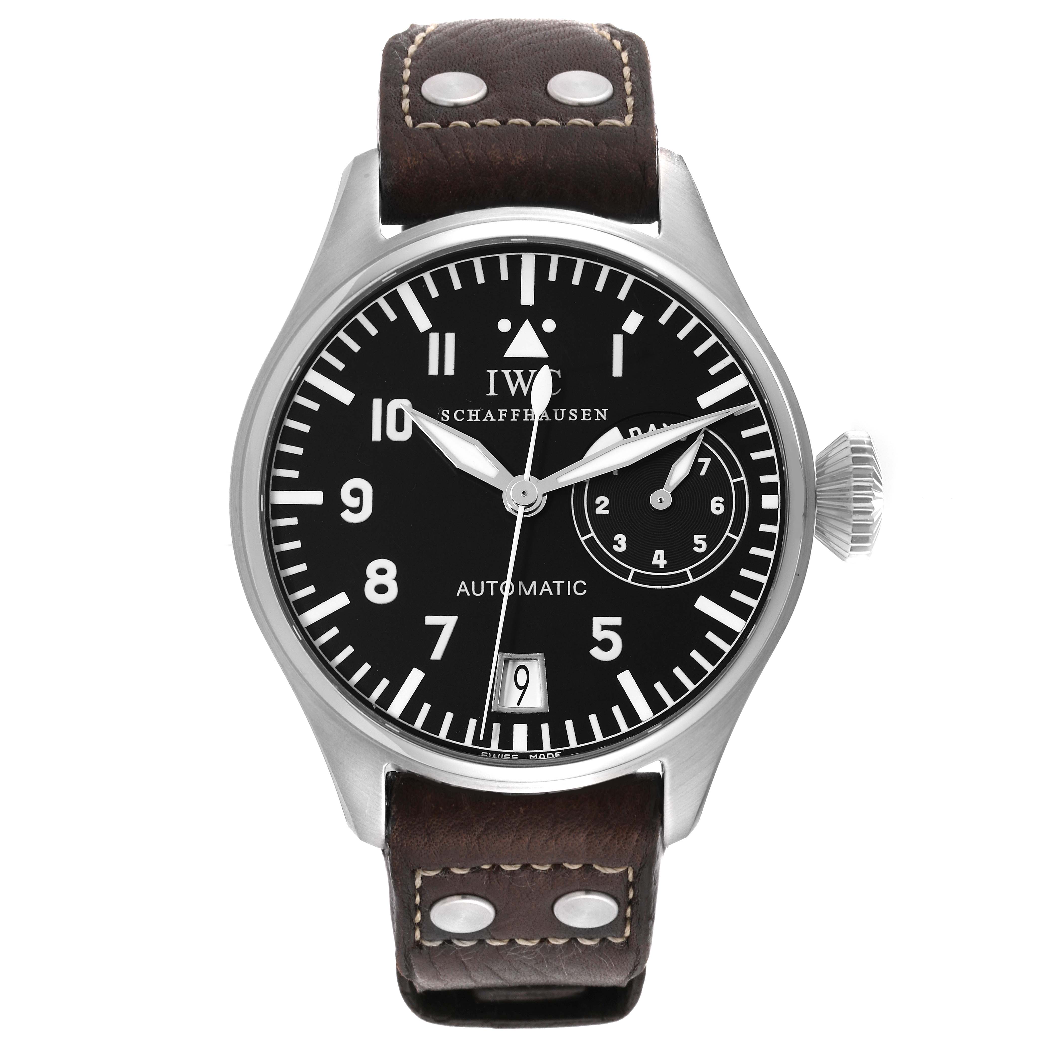 The image shows a front view of the IWC Pilot IW500201 Men's Stainless Steel Black Dial IW500201 Men's Stainless Steel Black Dial model watch, displaying its face, crown, and leather strap.
