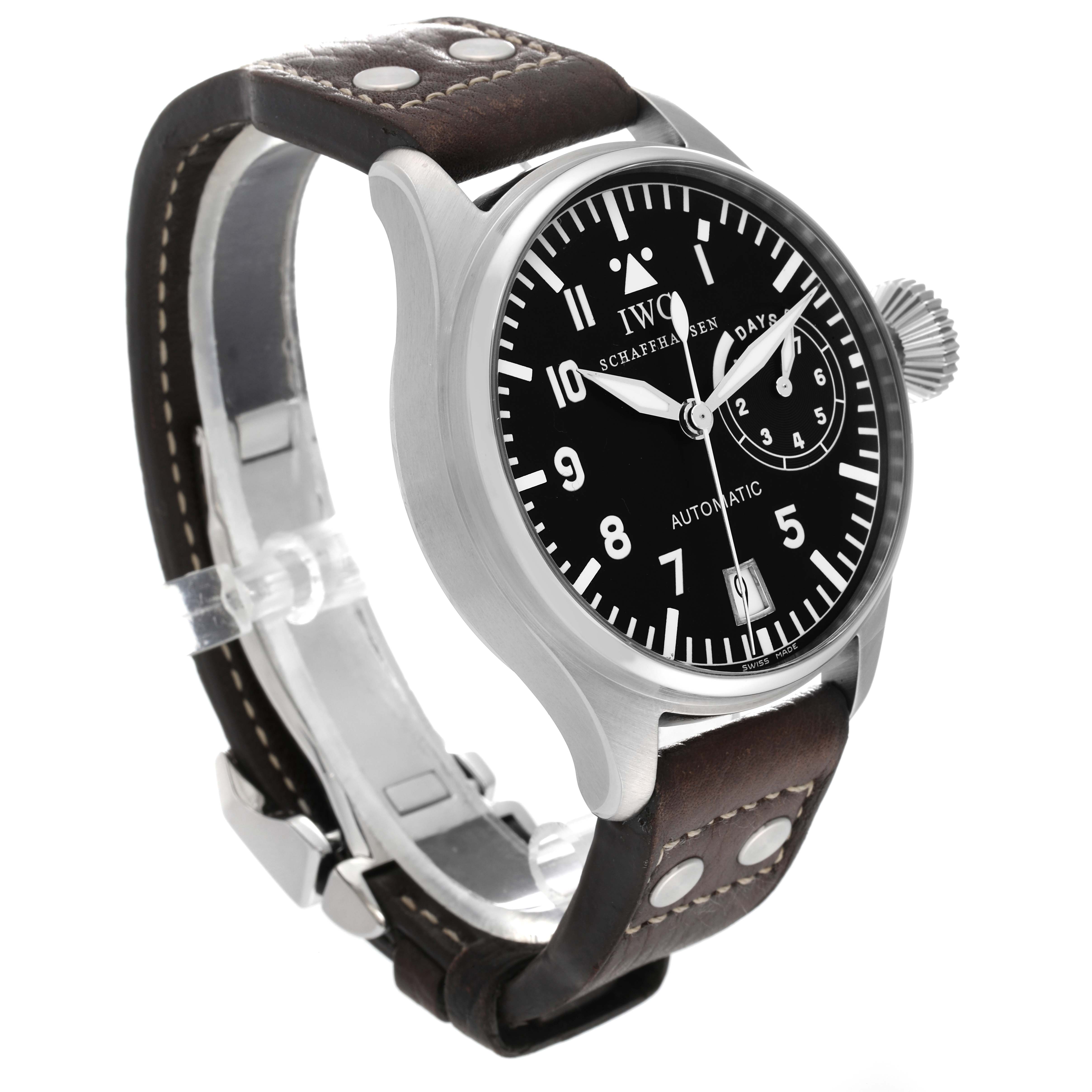 The IWC Pilot IW500201 Men's Stainless Steel Black Dial IW500201 Men's Stainless Steel Black Dial model watch is shown at a slight angle from the front, highlighting the dial, bezel, crown, and leather strap.