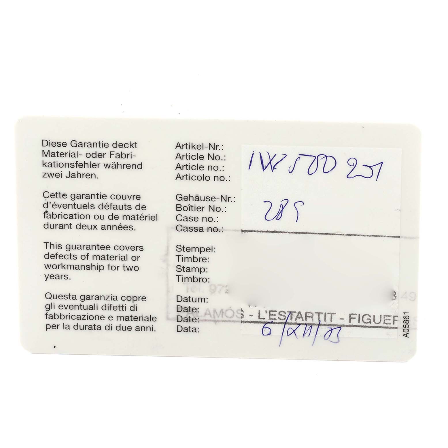 The image shows a warranty card for an IWC Pilot IW500201 Men's Stainless Steel Black Dial IW500201 Men's Stainless Steel Black Dial model watch, including article number, case number, stamp, and date.