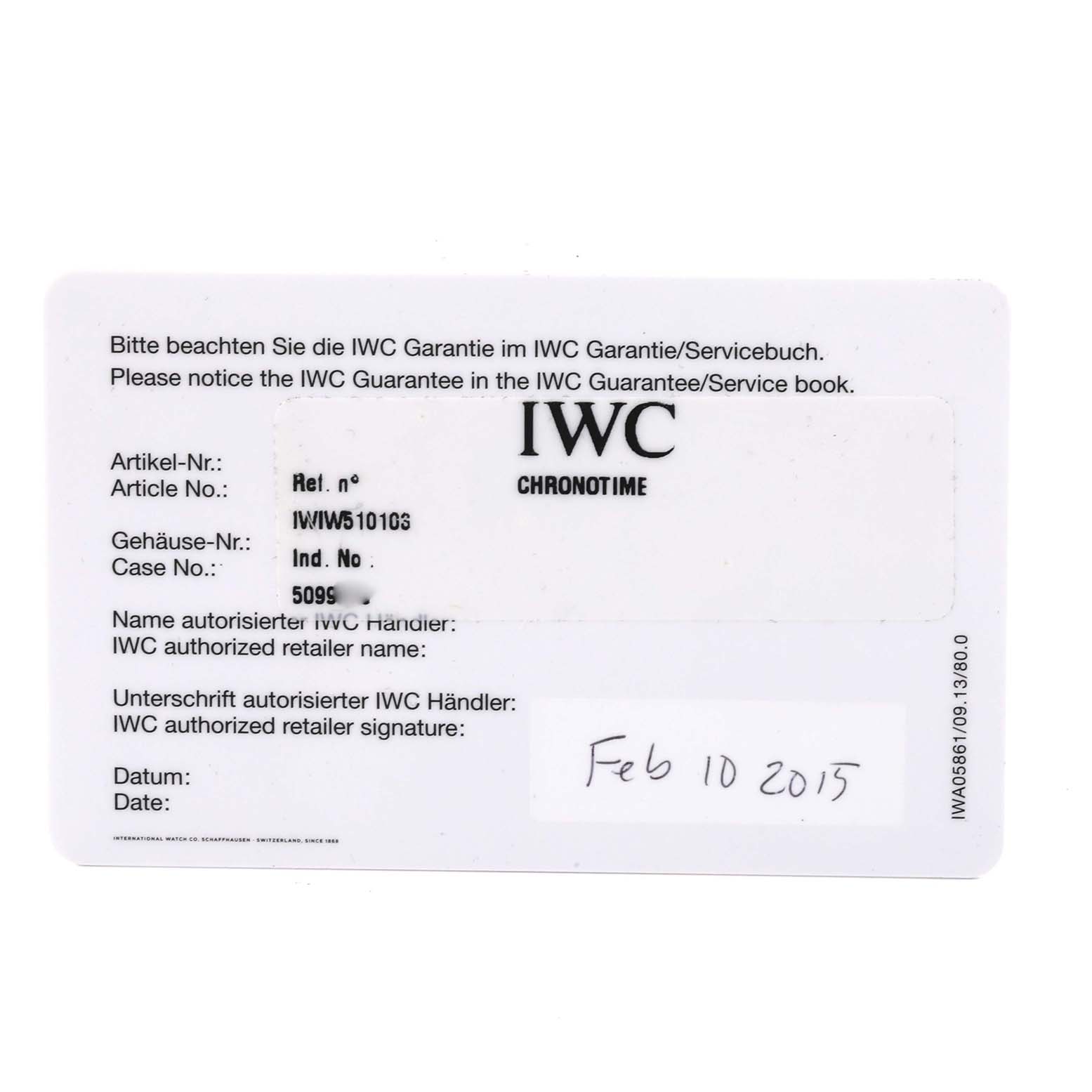 The image shows the warranty card for a Portofino model by IWC with reference and case numbers.