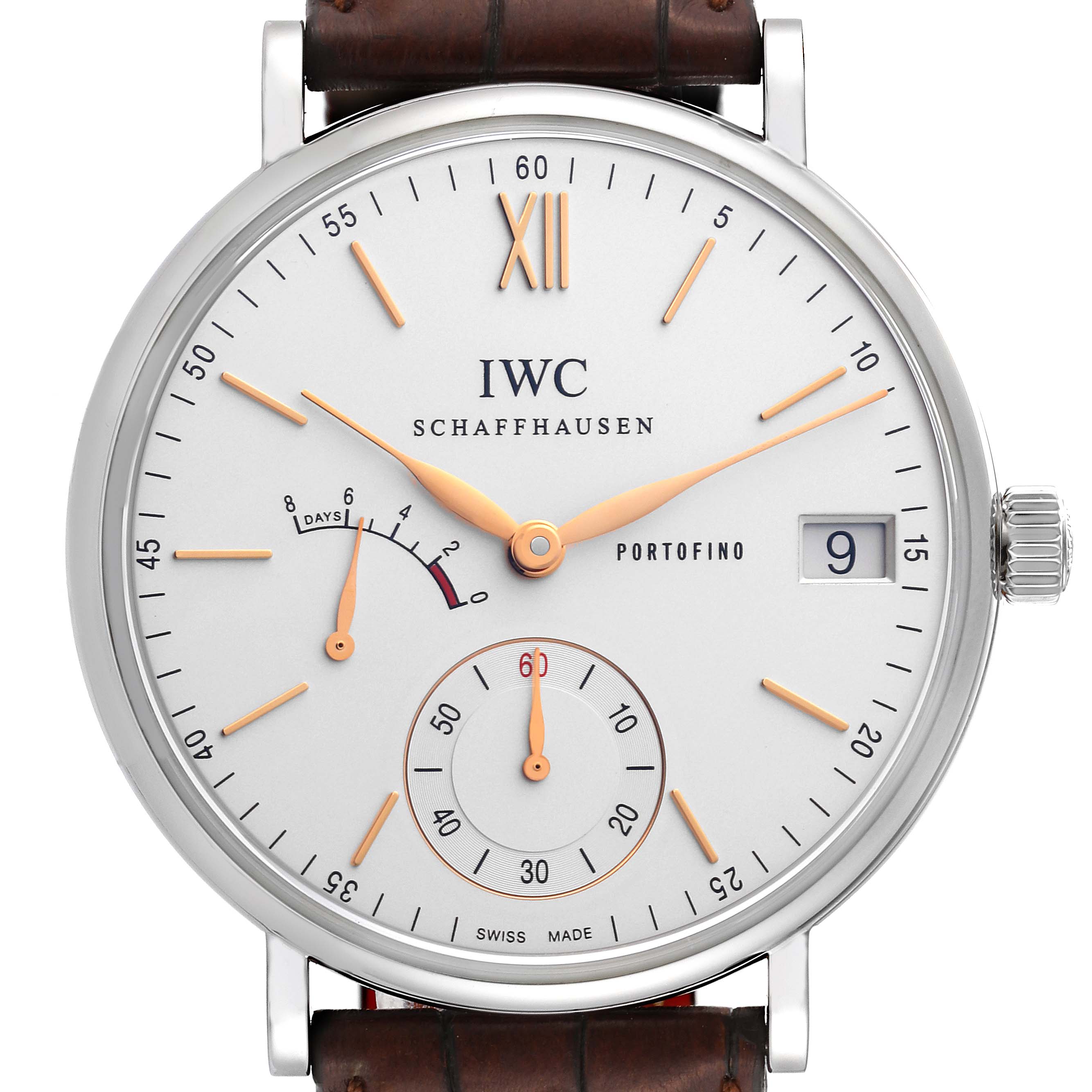 This is a close-up image of the IWC Portofino IW510103 Men's Stainless Steel Silver Dial IW510103 Men's Stainless Steel Silver Dial watch, showing the dial, hands, date window, and part of the leather strap.
