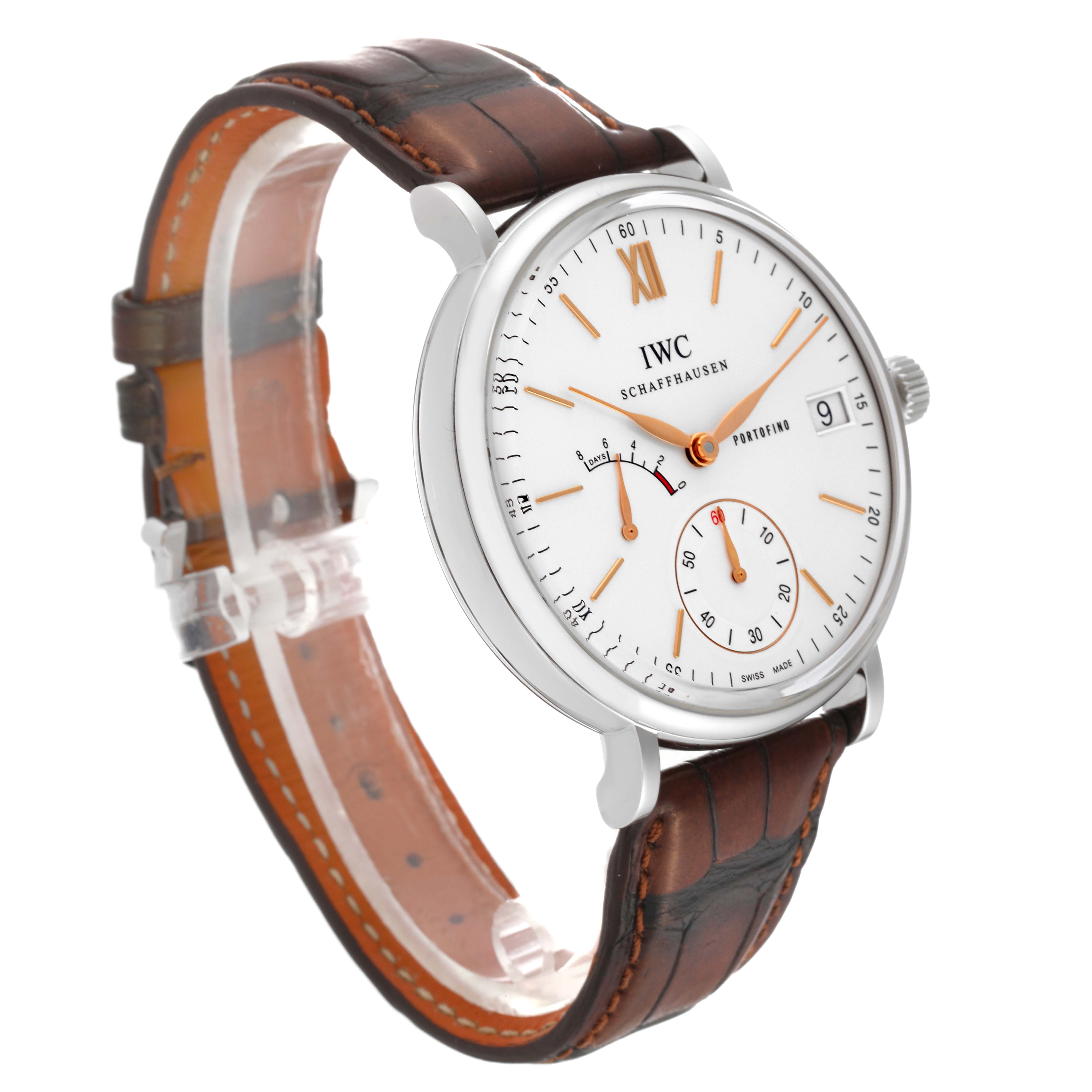 The image shows a side-angle view of the IWC Portofino IW510103 Men's Stainless Steel Silver Dial IW510103 Men's Stainless Steel Silver Dial watch, highlighting the dial, case, and brown leather strap.