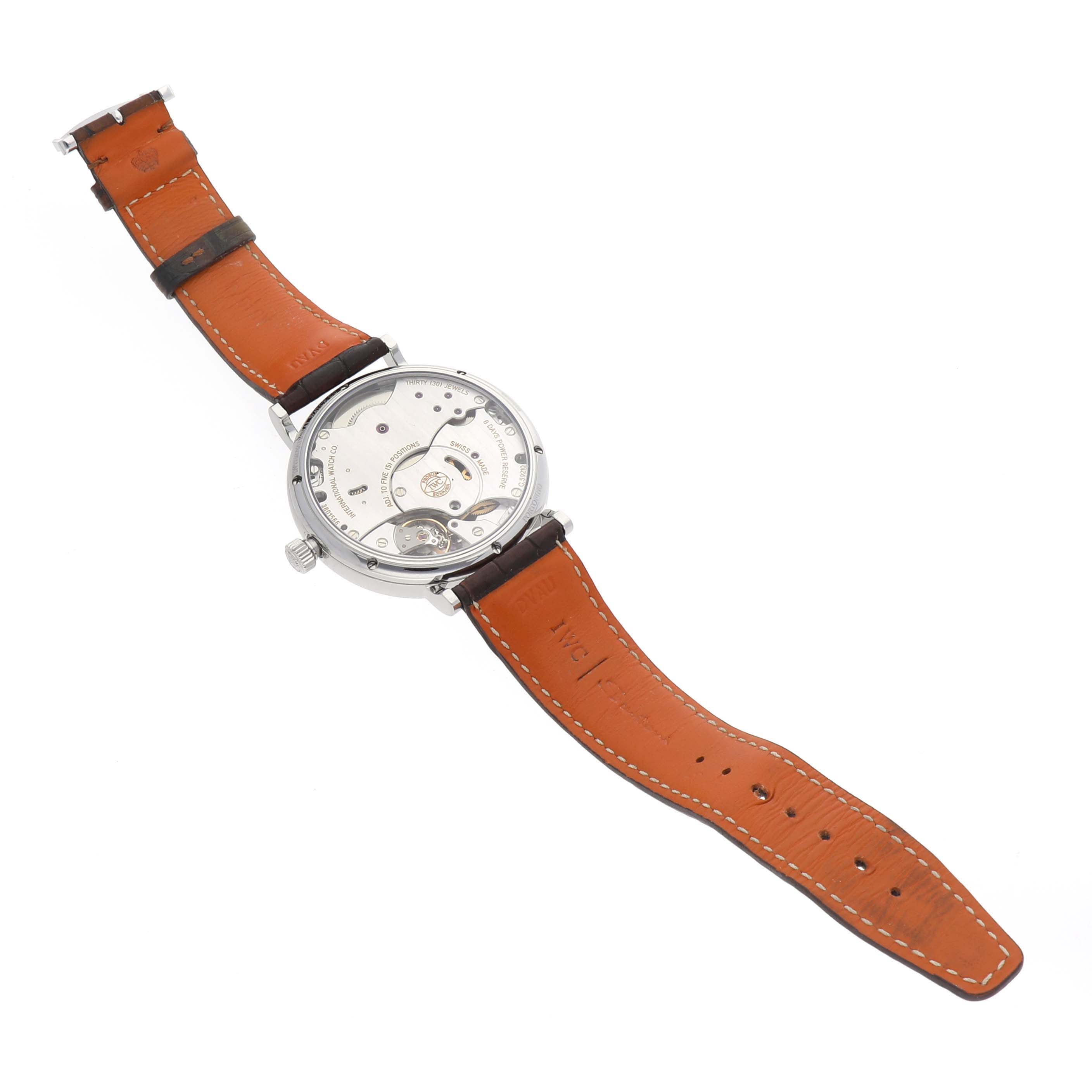 This image shows the back view of the IWC Portofino IW510103 Men's Stainless Steel Silver Dial IW510103 Men's Stainless Steel Silver Dial watch, focusing on the movement and brown leather strap.