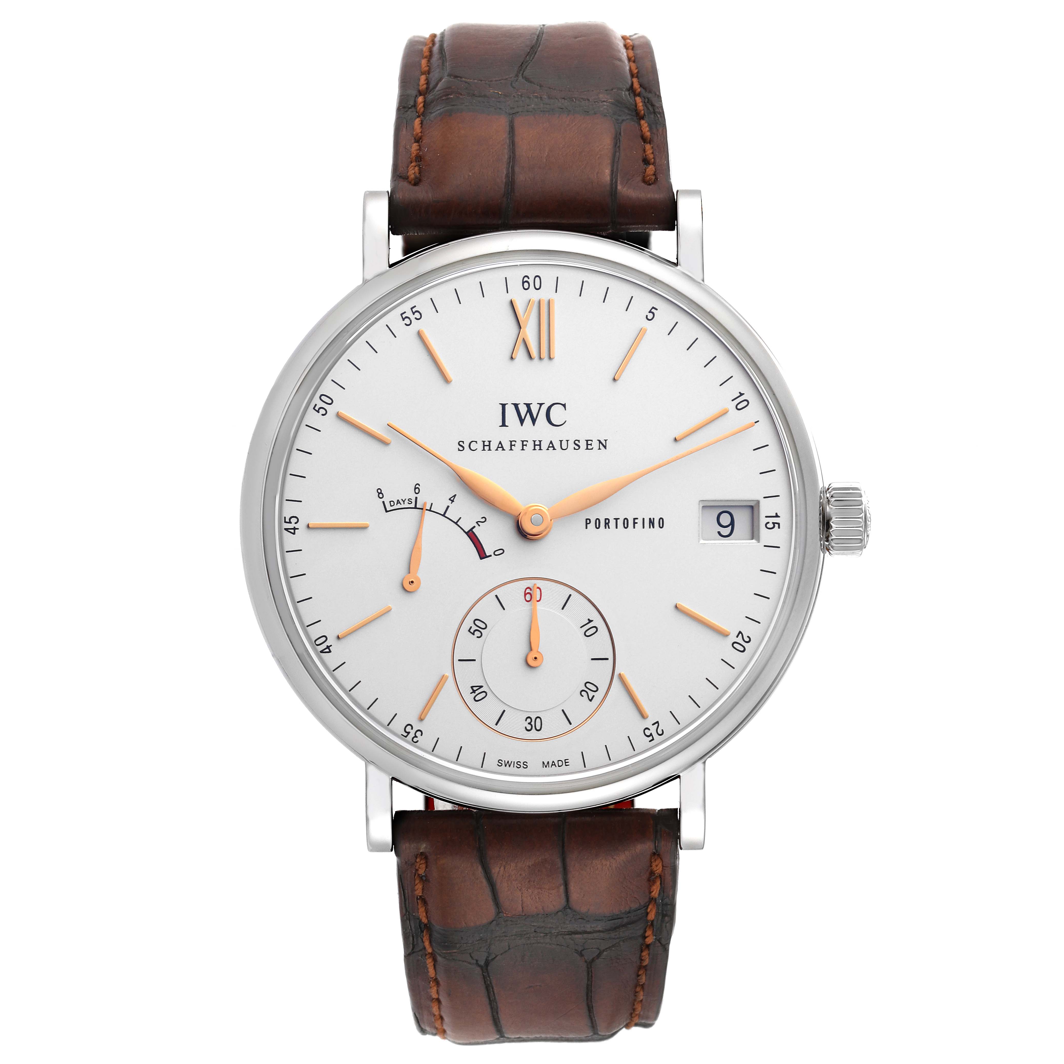 The image shows a front view of an IWC Portofino IW510103 Men's Stainless Steel Silver Dial IW510103 Men's Stainless Steel Silver Dial watch with a brown leather strap.
