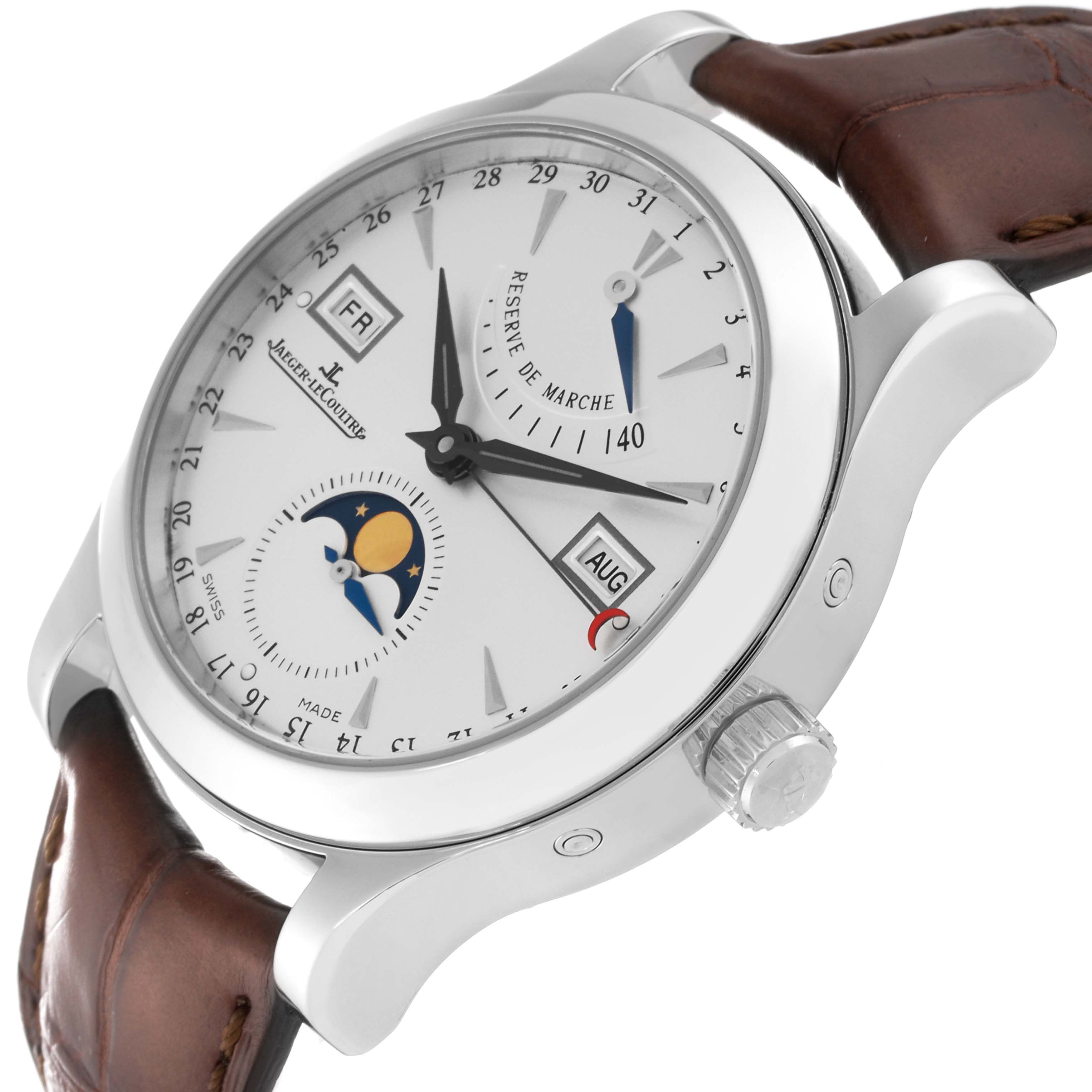 The image shows a Jaeger LeCoultre Master Q151842A Men's Stainless Steel Silver Dial Q151842A Men's Stainless Steel Silver Dial model watch at a slight angle, highlighting the dial, crown, and leather strap.